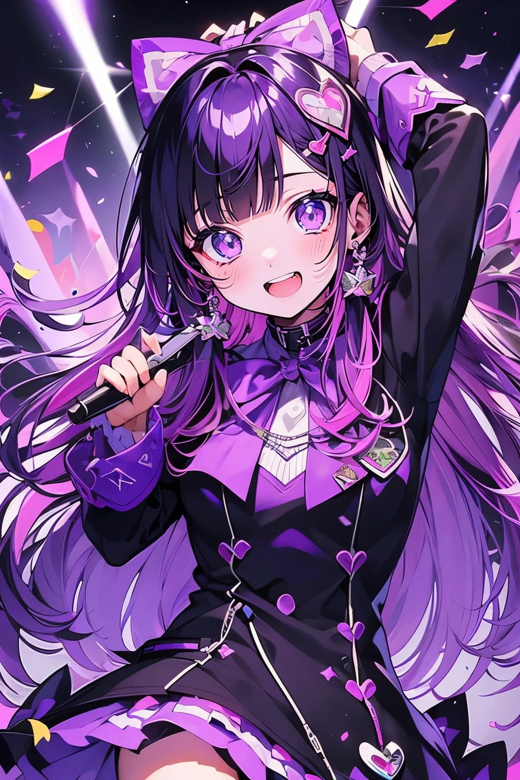 (muste piece), (best quality), very detailed, ((1 girl)), solo focus，Low - Angle，dynamic，jump，((A big smile))，wink，perfect face, beautiful face, very detailedな顔，(Purple hair long hair_purple eyes:1.3)，idol costume，solo idol，Ribbon hair ornament，concert dome，live，have a microphone，singing，Smiling with mouth wide open，Laser Light，Spotlight，confetti