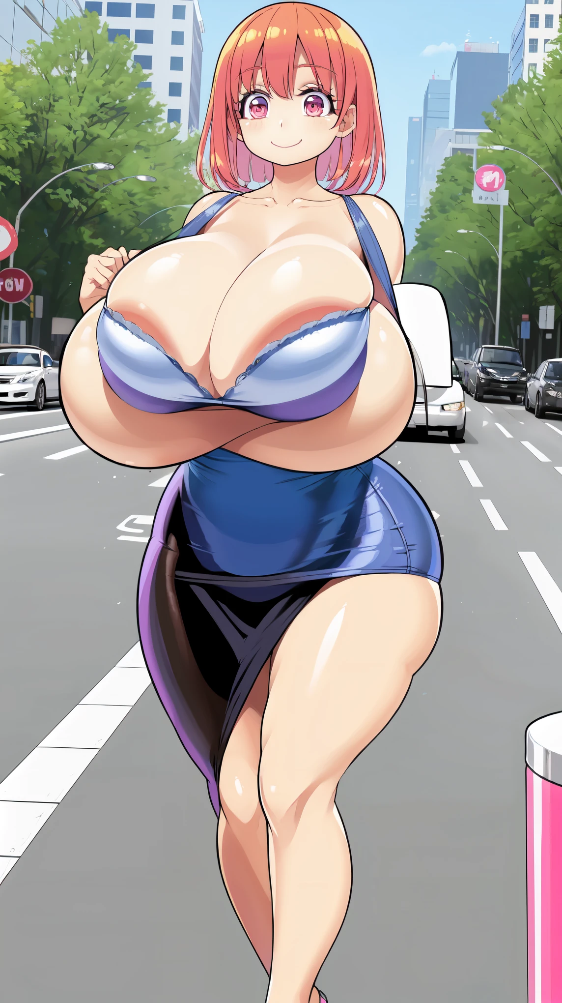 smile, Pencil_Dress, pink eyes, green hair, wide hips, gigantic breasts, cityscape, gigantic breasts, breasts out of dress, no bra, Pervertedly, shy, short green hair, stoplight, traffic, short height, random women, group, lots of women, groups of women, breasts squeezed together, high quality