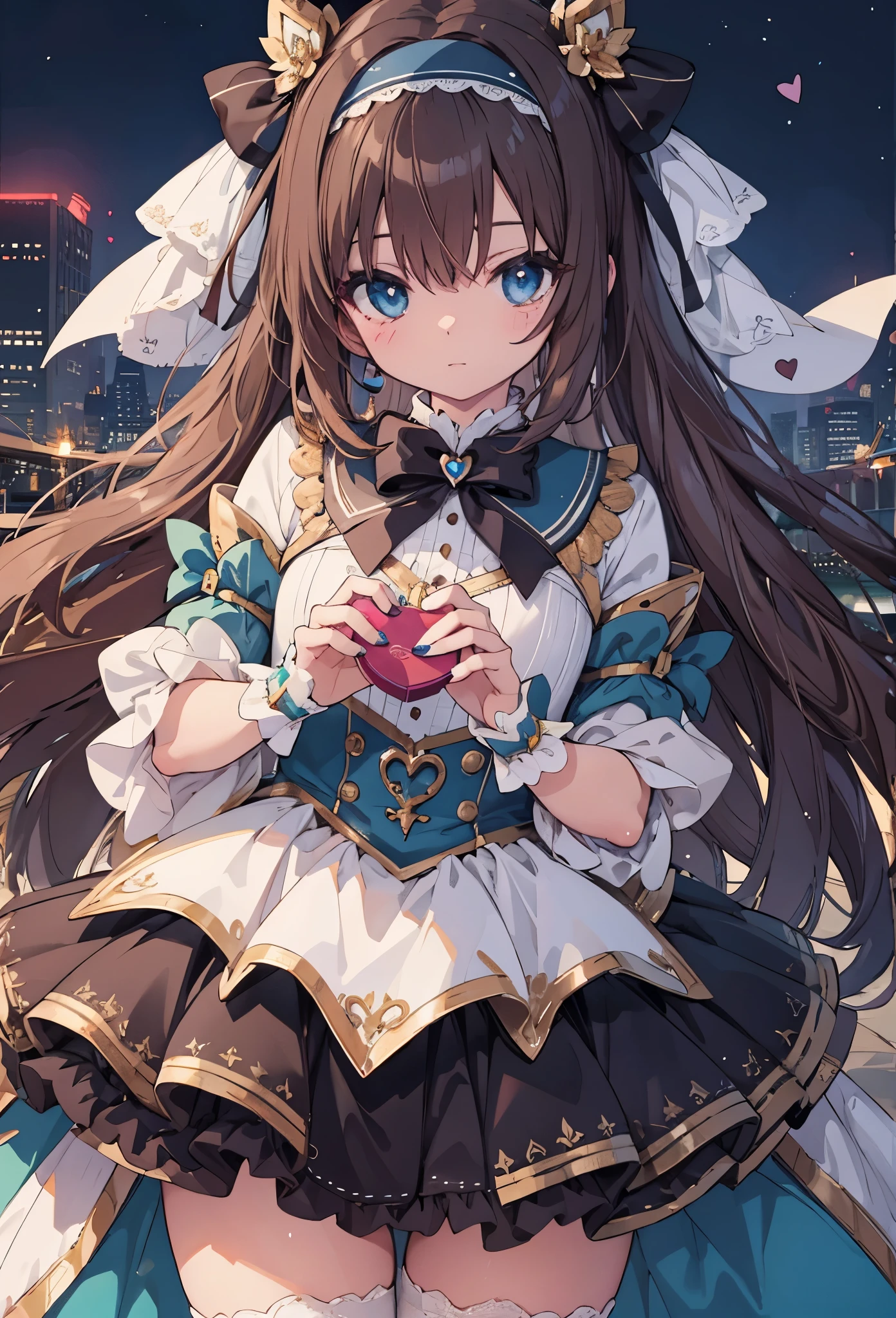 ((Highly accurate drawing in every detail)Extremely precise depiction)[High resolution],(detailed illustrations,Very detailed and precise drawing,Delicate drawn lines with tempo,Realistic texture expression),[color traced main line],[neon city at night [night view],(HENTAI anime Girl (Pretty) 13 years old (low length[Plump])) (Cream brown hair[straight hair])((valentine&#39;s day magical girl)),([cacao fruit((heart mark))]headband)(chocolate colored cape(puff sleeves)[Lace Ruffled Ribbon](Tiered skirt))[[low rise]Color stockings],[Silk Fabric][[The body is decorated and wrapped with ribbons.]],transparency [Soft ambient light] gravure [Colorful],(intricate and beautiful decoration [Dense detail]),(Fine and beautiful skin expression [transparency]),((Precisely drawn eyes))[完璧な目のdetailed((Beautiful eyes like jewels)Iris drawn in precise detail)[clearly drawn pupils]],[eyes light[Pinpoint lighting for the eyes]],[long and beautiful eyelashes],[precisely drawn hair [美しく艷やかな髪のdetailed]],(完璧な手のdetailed [Beautiful fingers with no damage [beautiful nails]]),(perfect anatomy(perfectly balanced proportions))[[full body portrait]],[ideal color coordination(Accurate simulation of light and material interactions)],([Precision Detail](detailed,High definition)),[[Pale and gentle colors]][Visual art that tells a story].