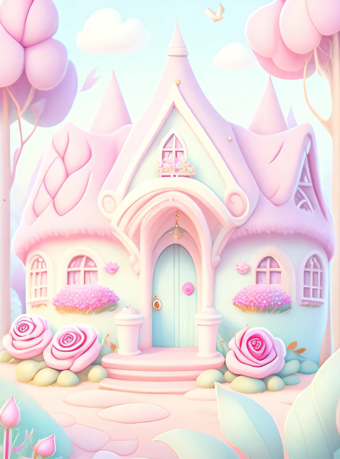 Casa em estilo pastel cartoon, rosas e rubis, Magical Elements, jogo para celular, floresta e plantas, ethereal, a touch of Magical Elements, contornos de animais.