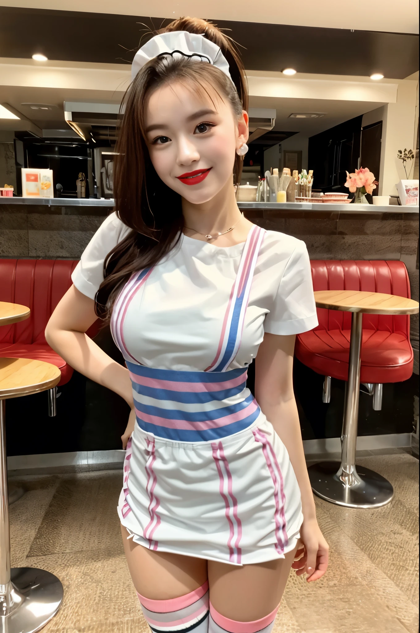 (((fifties style striped pattern waitress costume))),(((dancing))),(((bare inner thigh))),(((pastel colored socks pumps))),ulzzang-6500-v1.1, (Raw photo:1.2), (Photo realistic:1.4), a beautiful detailed girl, extremely detailed eye and face, beautiful detailed eyes, ultra-detailed, High resolution, top-quality, masterpiece, highly detailed, 8k wallpaper, Wonderful, finely detail, top-quality, (retro pop diner), Beautiful eyes, smile, Opening Mouth