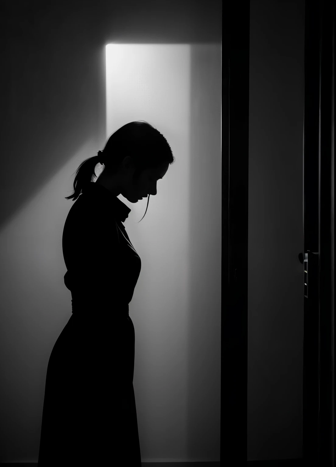 A faceless portrait depicting a woman standing alone in a dimly lit room, surrounded by shadows that seem to engulf her. Her silhouette is illuminated by a solitary ray of light filtering through a nearby window, casting haunting shadows across the walls. Despite the lack of facial features, her body language exudes a palpable sense of sorrow, loneliness, or introspection. The mood is heavy with emotion, evoking a deep and profound sense of melancholy or contemplation.