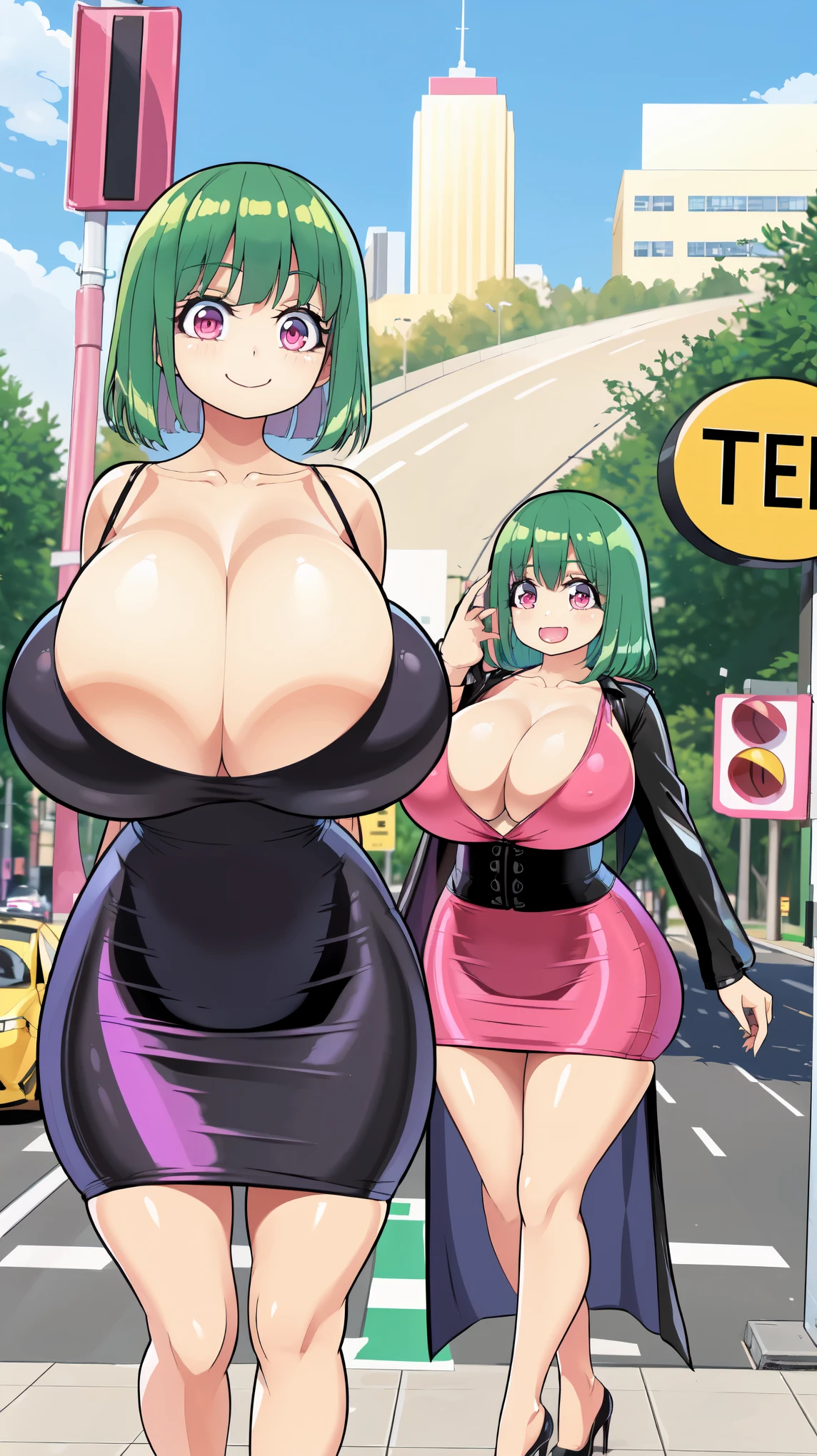 smile, Pencil_Dress, pink eyes, green hair, wide hips, gigantic breasts, cityscape, gigantic breasts, breasts out of dress, no bra, Pervertedly, shy, short green hair, stoplight, traffic, short height, random women, group, lots of women, groups of women, breasts squeezed together, high quality