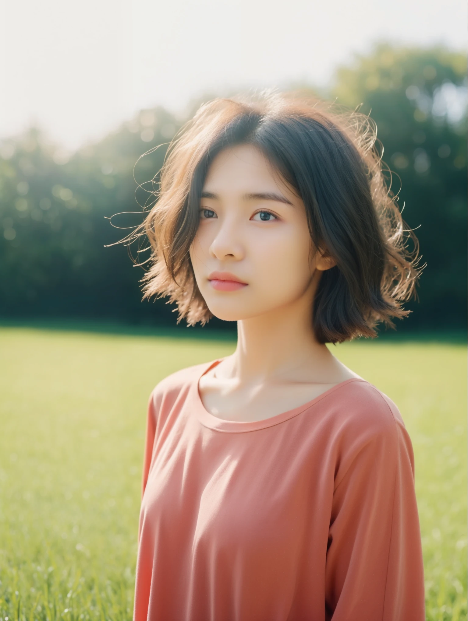 top-quality、​masterpiece、超A high resolution、(Photorealsitic:1.30)、Raw foto、Beautiful woman surrounded by grass、Bokeh background、Back lighting、evening、off shoulders、murky、deep-shadows、cold light、emotive、Ash color shorthair、closing eye、Hair that flutters in the wind、The upper part of the body、shinny detailed skin、, ((Long Black Hair)), ((************ Girl)),  ((Indian Girl),   ((She is Indian girl)), ((Anatomically Correct)), ((Red TShirt))