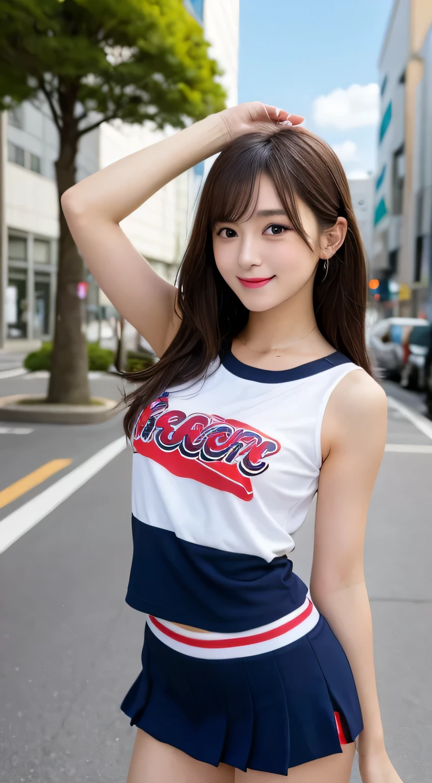 whole body、highest quality, shape, Super detailed, finely, High resolution, 8k wallpaper, 完璧なダイナミックな構shape, beautiful and detailed eyes, Cheerleader,medium hair, , natural color lip, random sexy pose,smile,Osaka Umeda,20 year old girl,cute