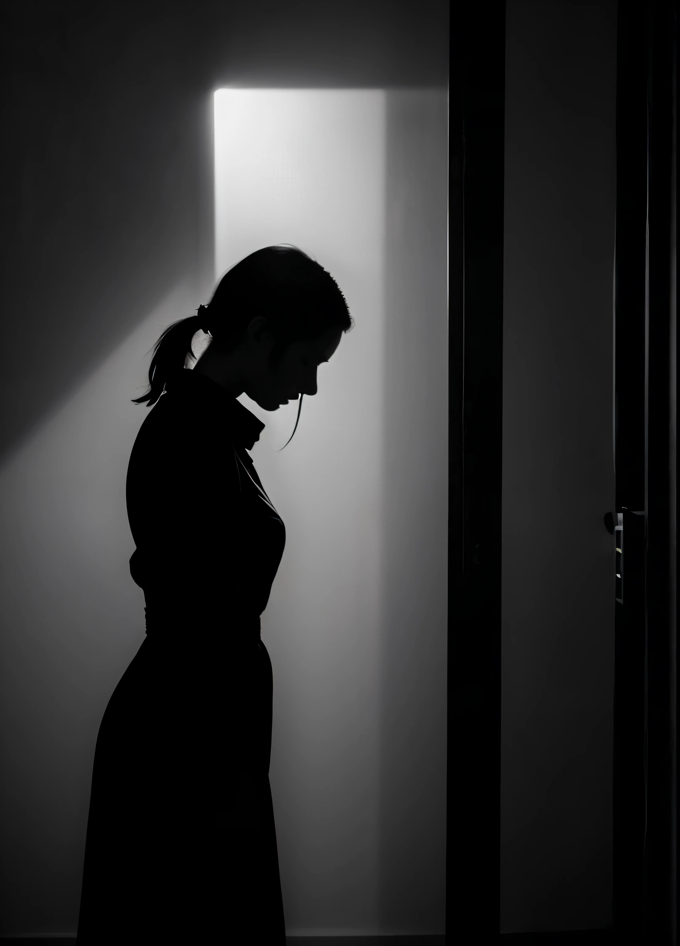 A faceless portrait depicting a woman standing alone in a dimly lit room, surrounded by shadows that seem to engulf her. Her silhouette is illuminated by a solitary ray of light filtering through a nearby window, casting haunting shadows across the walls. Despite the lack of facial features, her body language exudes a palpable sense of sorrow, loneliness, or introspection. The mood is heavy with emotion, evoking a deep and profound sense of melancholy or contemplation.