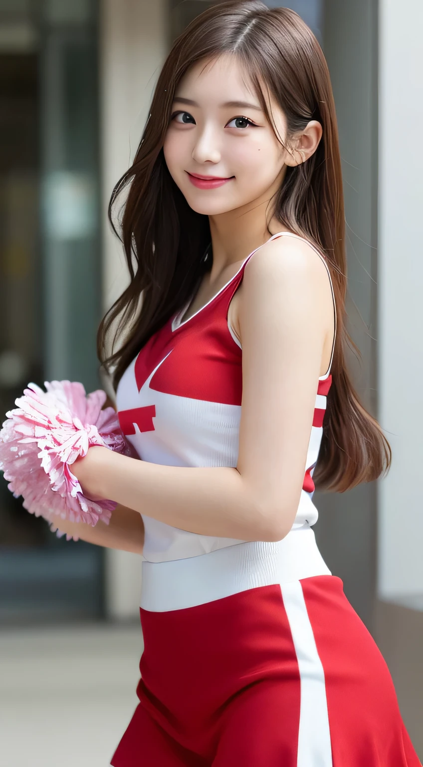 whole body、highest quality, shape, Super detailed, finely, High resolution, 8k wallpaper, 完璧なダイナミックな構shape, beautiful and detailed eyes, Cheerleader,medium hair, , natural color lip, random sexy pose,smile,Osaka Umeda,20 year old girl,cute