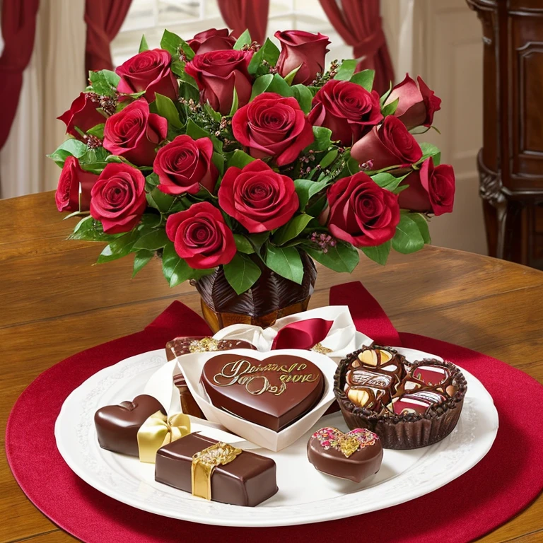 Artwork that conveys the rich colors, textures, and emotions associated with the pairing of chocolates and roses on Valentine's Day, Chocolates and Roses" for Valentine's Day, interpretation of this classic (and romantic) combination, celebrating the indulgence of chocolates and the timeless beauty of roses