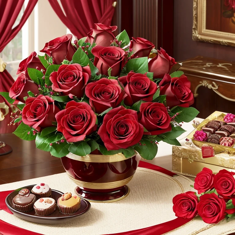 Artwork that conveys the rich colors, textures, and emotions associated with the pairing of chocolates and roses on Valentine's Day, Chocolates and Roses" for Valentine's Day, interpretation of this classic (and romantic) combination, celebrating the indulgence of chocolates and the timeless beauty of roses