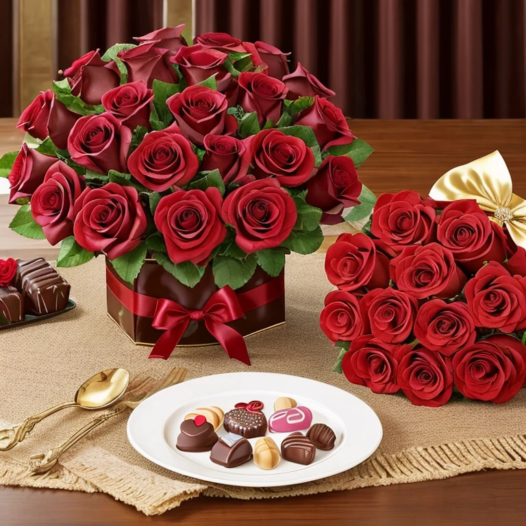 Artwork that conveys the rich colors, textures, and emotions associated with the pairing of chocolates and roses on Valentine's Day, Chocolates and Roses" for Valentine's Day, interpretation of this classic (and romantic) combination, celebrating the indulgence of chocolates and the timeless beauty of roses