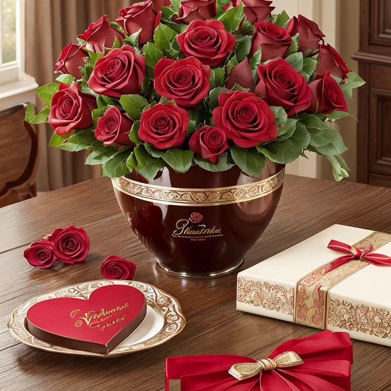 Artwork that conveys the rich colors, textures, and emotions associated with the pairing of chocolates and roses on Valentine's Day, Chocolates and Roses" for Valentine's Day, interpretation of this classic (and romantic) combination, celebrating the indulgence of chocolates and the timeless beauty of roses