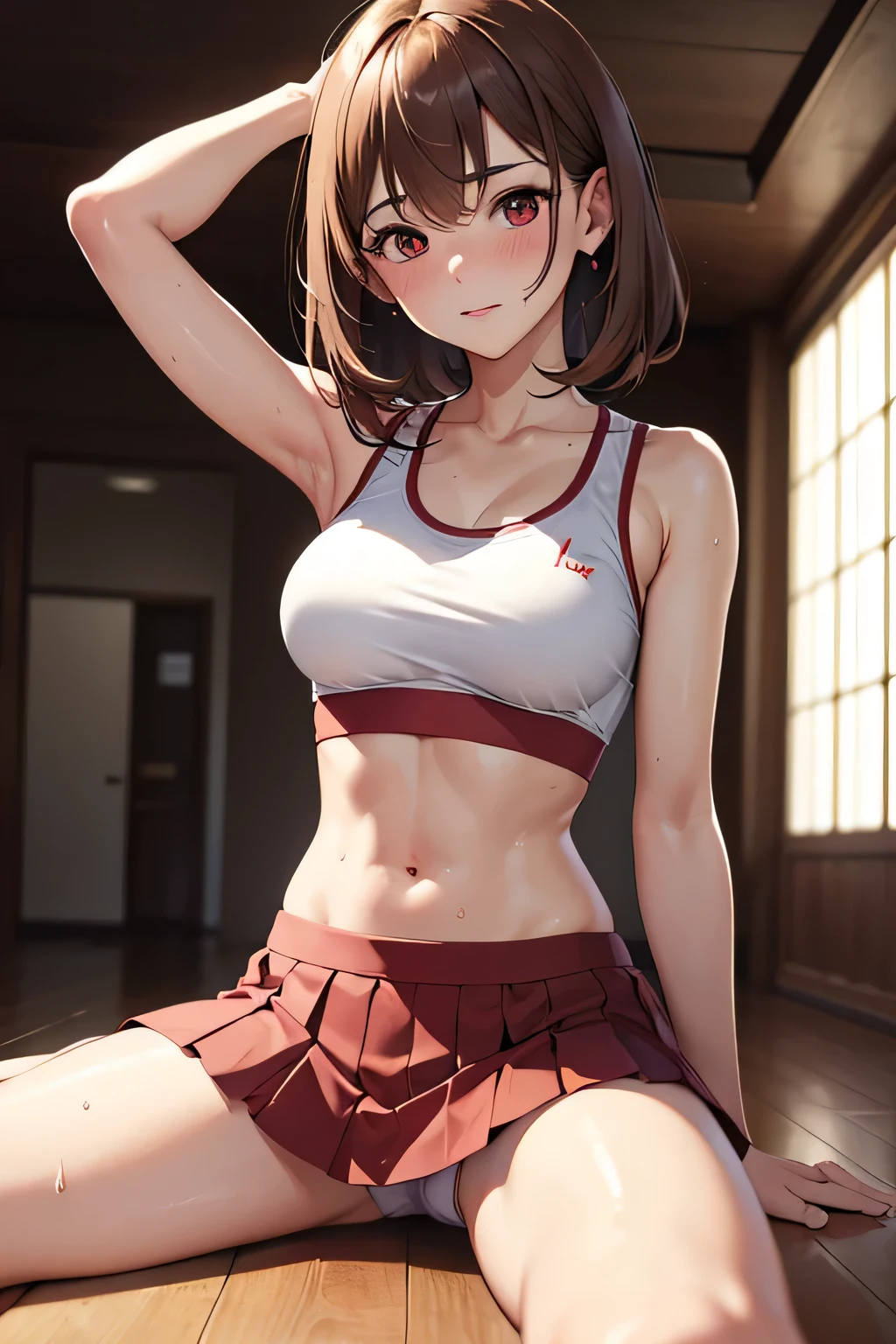 ((4K, masterpiece, highest quality)), 1 girl, anime, Light brown SHRT hair, red eyes, play sports often, medium breasts, cute, blush, Sweat,pleated skirt, underwear, spread your legs, white