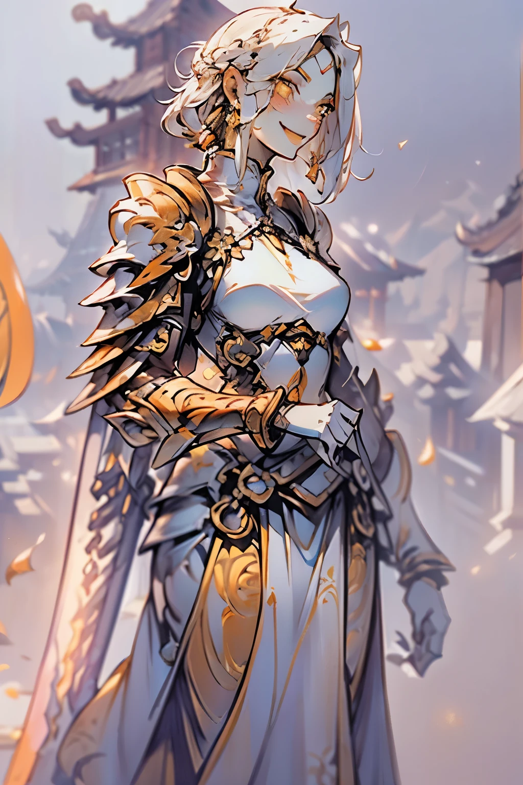 (Official art、Best Quality、Unity 8k Wallpapers、32K、masterpiece、ultra-detailliert、超A high resolution、realisitic、Photorealsitic、Very ridiculous:1.2)、(Cinematic lighting:1.2), ((Background : pagoda in Vietnam:1.5),Fireglow effect、film grains、Best Shadows、Rim lighting、side lights、(Ultra-detailed and complex 3D rendering)、Detailed beautiful face and eyes、Sharp pupils、Realistic pupils、A slender、1Woman、Medium bust、 beauitful face、(-yeld beiful girl)、((Small breast:1.5, smallchest:1.5)), (super detailed skin、detailed skin textures:1.3)、((White hair:1.5)) ,(shoulder-length hair:1.5).((Modern Warrior Iron Armor:1.5)) , ( heavy and unique Warrior Iron Armor :1.5) , Warrior :1.5, (wearing a Orange peel colored Warrior Iron Armor:1.5),(Hunyadi yellow decorative motifs of Warrior Iron Armor:1.5), ( a huge Warrior Sword on the back:1.5), (joyful expression:1.5) , ((cute joyful smile:1.5)) , ((look towards the viewer))