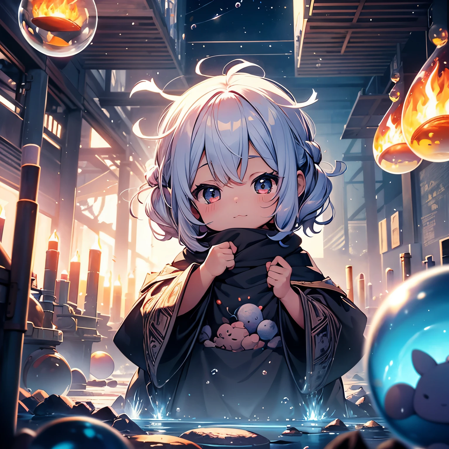 Cute art of cute Ditki as a little baby wizard, surrounded by bubbles of fire , digital art, intricate details, trend art station, cinematic