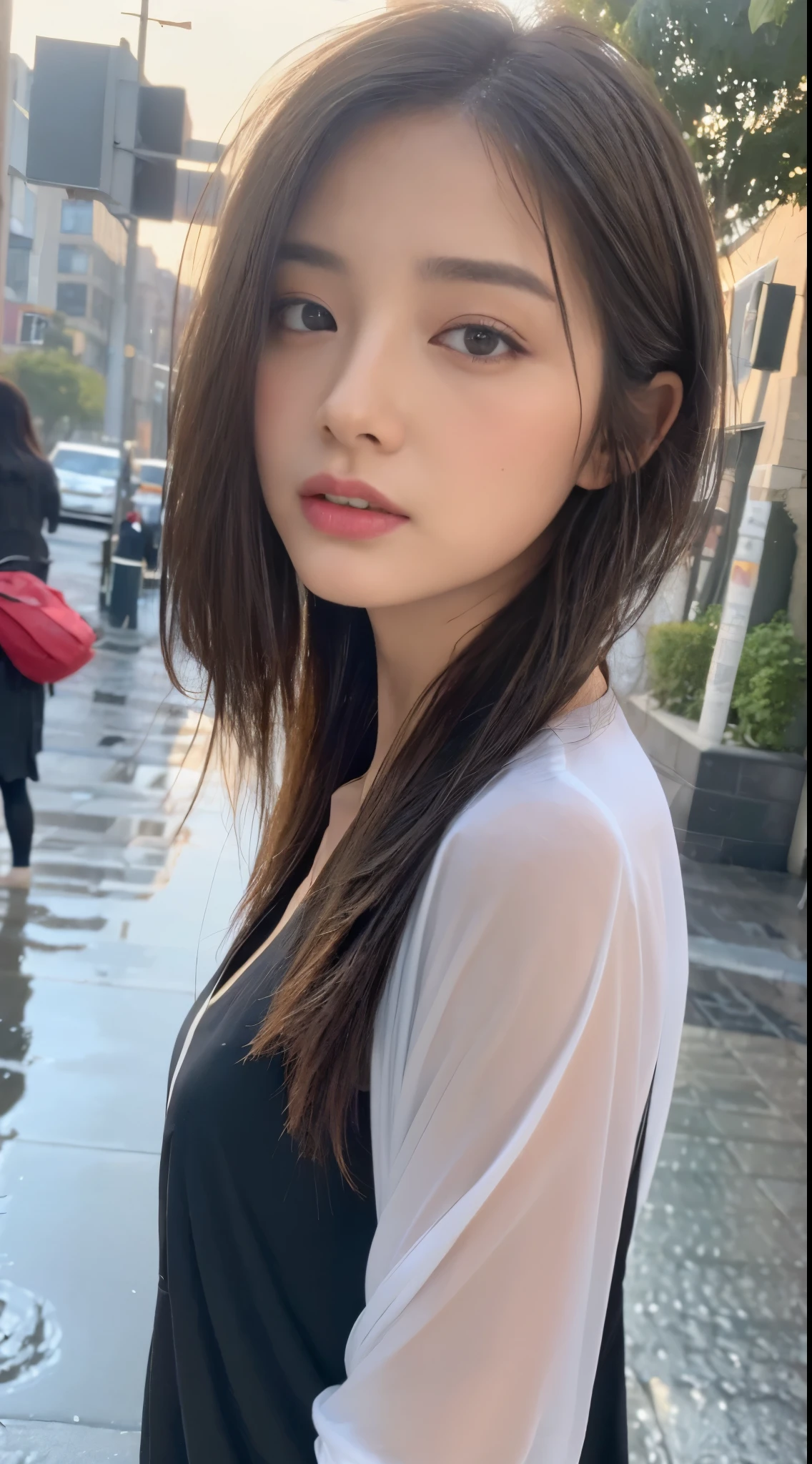 ((best quality, 8k, masterpiece:1.3)), focus: 1.2, perfect body beauty: 1.4, buttocks: 1.2, ((layered hairstyle, : 1.2)), (wet clothes: 1.1) , (rain, street:1.3), tube top dress: 1.1, Highly detailed facial and skin textures, exquisite eyes, double eyelids, skin whitening, long hair