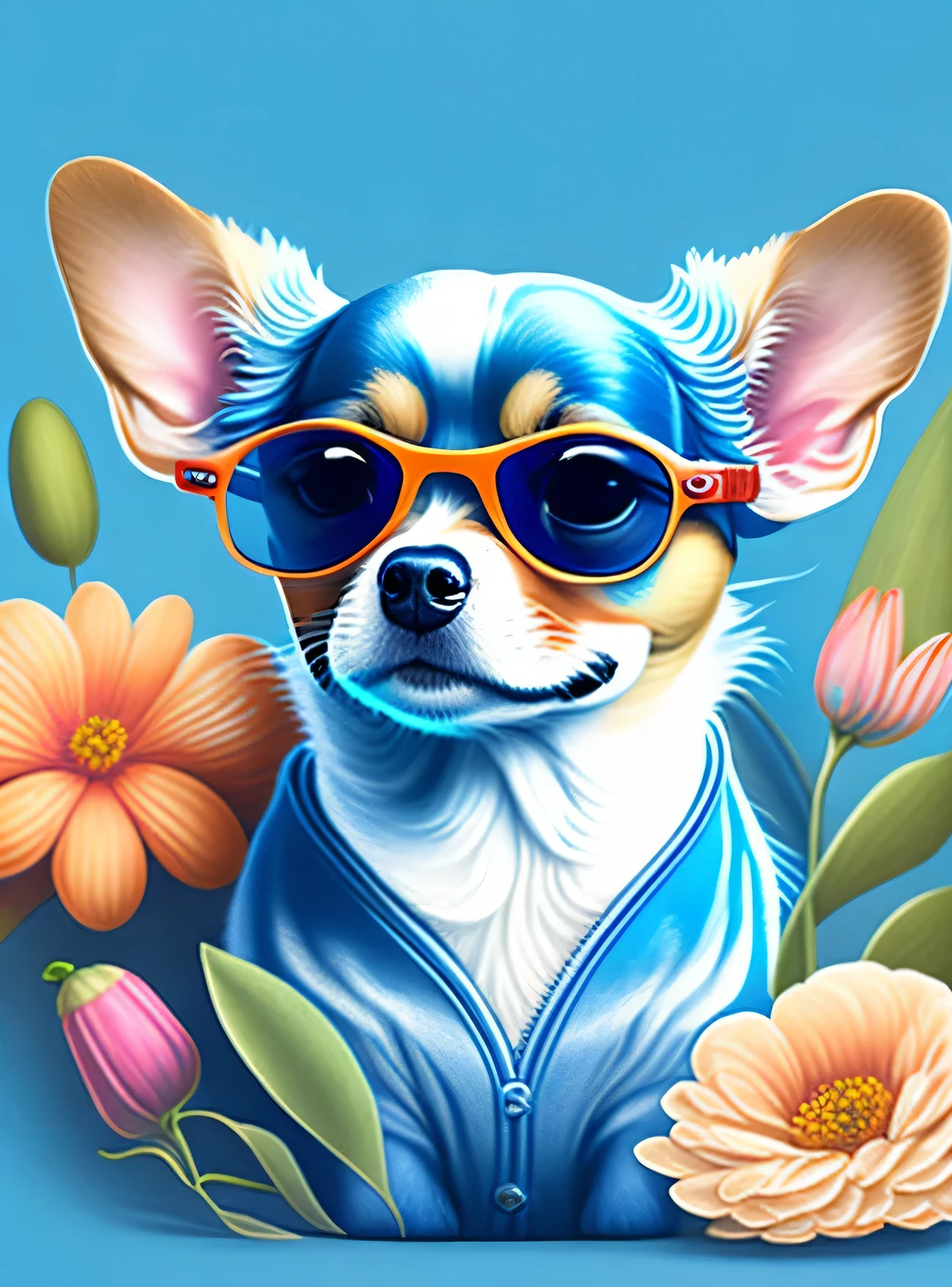 chihuahua, cachorro, Flores, design de camiseta, rzminjornada, arte vetorial, fundo azul