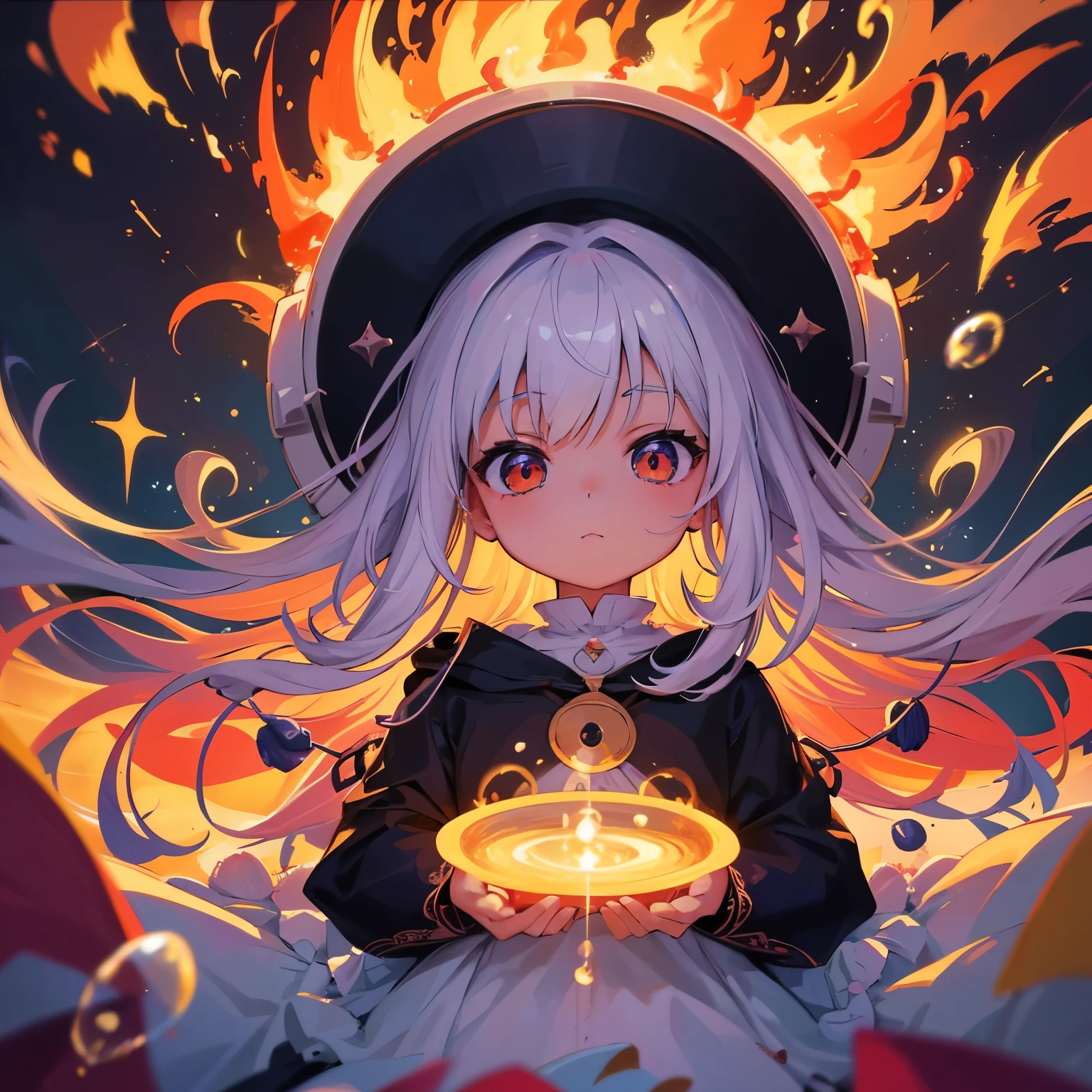 Cute art of cute Ditki as a little baby wizard, surrounded by bubbles of fire , digital art, intricate details, trend art station, cinematic