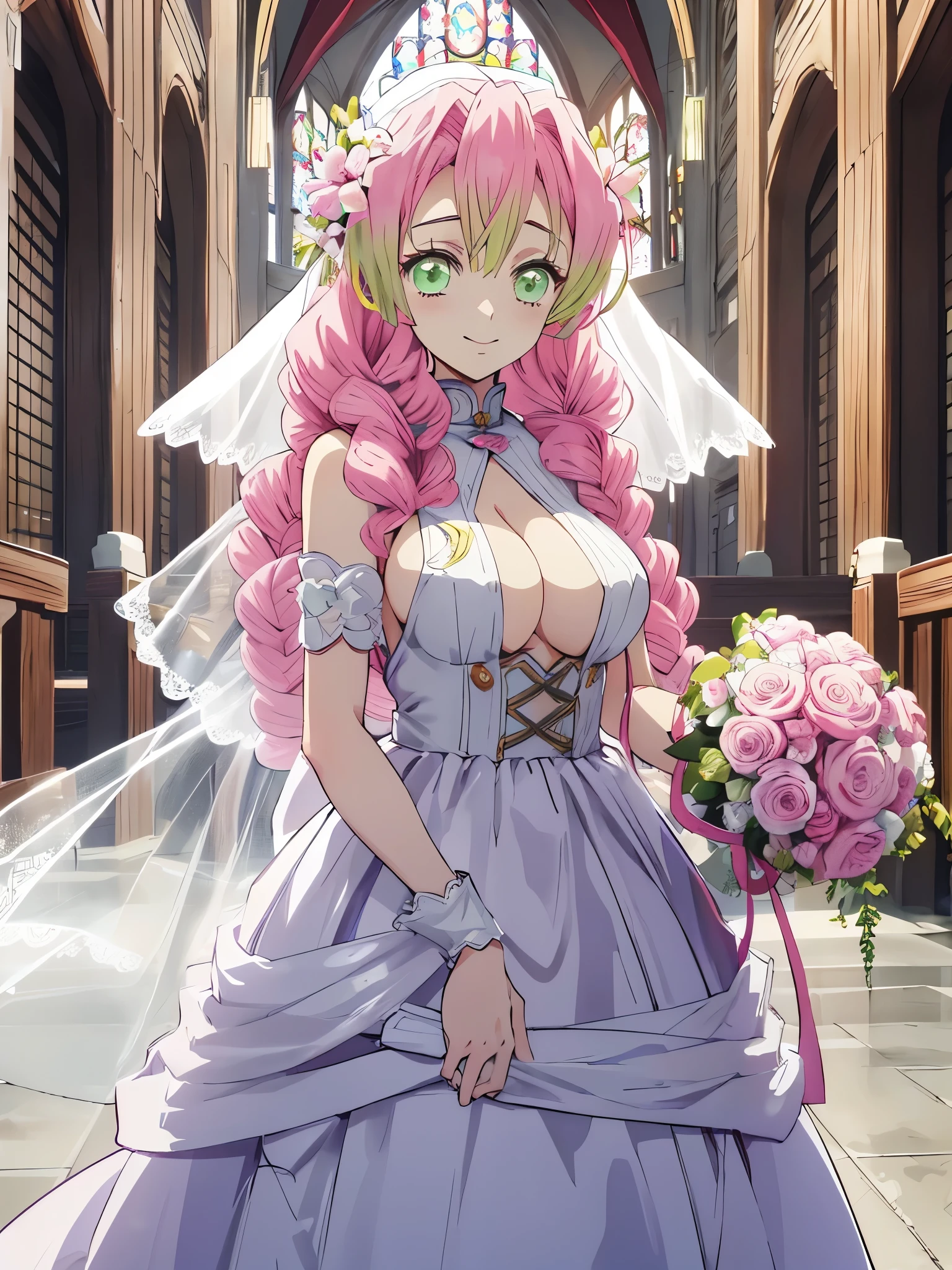 Mitsuri from Demon Slayer, beautiful breasts. pink hair with green ends, big breasts, smile, green eyes, handsome body, beautiful eyes, very fine eyes, 非常にbe familiar with face, handsome body, Checker Desing, sex position, 非常にbe familiar with, be familiar with body, be familiar with hands, be familiar with, vibration, be familiar with Face, sharp focus, WLOP, types of bacteria, anime art, vibration, be familiar with Face, Hugh details, sharp focus, very droopy face, be familiar with目, super fine illustration, better shadow, finely, beautiful details glow, beautiful details, very beautiful, very detailed, Expressionless, magnificent composition, anime art, anime style, 1 girl, looking at the viewer, software, High resolution,masterpiece,highest quality, ,1 girl, alone, hair flower, wedding d again ss, holding a bouquet in hand, Chacha, smile, church, pink bridal veil, Wedding dress, wedding style, whole body, Dress with empty breasts, big round breasts, exposed