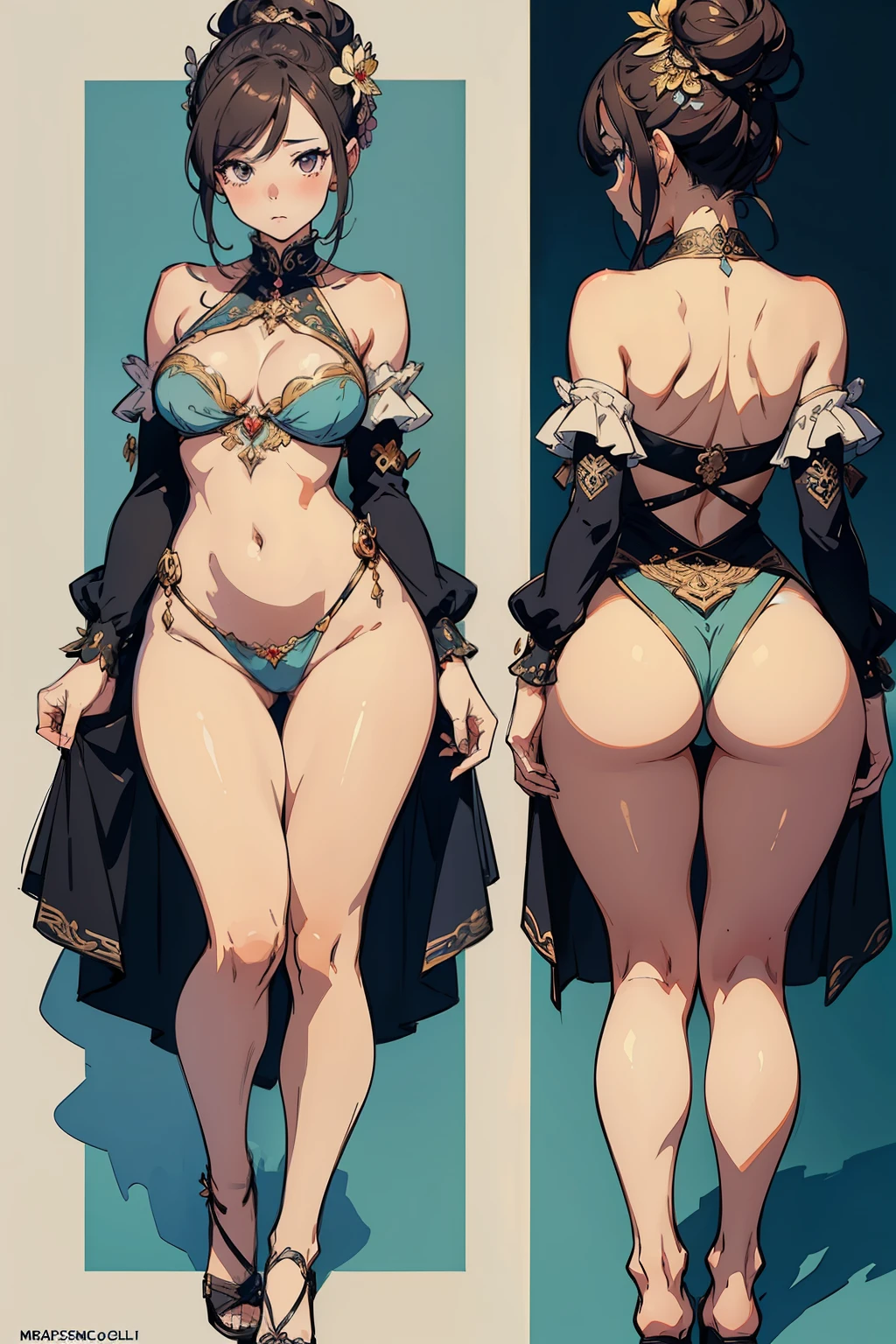 ((masterpiece)): A breathtaking work of art, meticulously crafted with the highest level of attention to detail, showcasing a charming character design sheet in a full body view.
((best quality)): Featuring pixels that are perfect, this masterpiece is an exquisite embodiment of luxury and illustrative excellence.
((character design sheet)): A collection of intricate lines and details, capturing every aspect of our cute girl's appearance, from her medium-sized perfect breasts to her hair bun adorned with a jesmine flower on top.
((full body view)): This masterpiece offers a tantalizingly detailed look at our maturingly beautiful female character