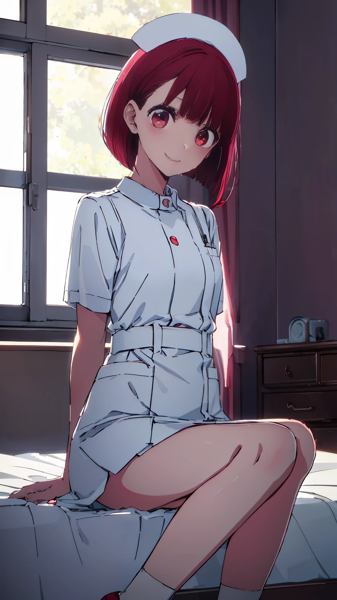 Arima maybe, Arima maybe, bob cut, (red eyes:1.5), redhead, short hair, , Nurse Cosplay,hair in the wind,、thighs,whole body,,skirt,White nurse uniform,smile,whole body,White loafers,shy,closed mouth,
collapse under the viewer's gaze.,
destroy the inside, bedの上,bed,
, highest quality, High resolution, unity 8k wallpaper, , (beautiful and detailed eyes:1.6), highly detailed face, perfect lighting, Very detailed CG, (perfect hands, perfect anatomy),