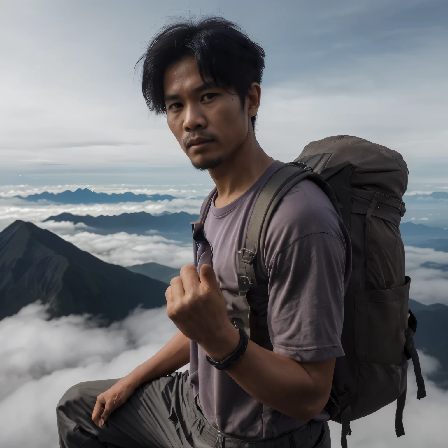Indonesian man (30 years old, Indonesian-style skin, wearing t-shirt, long cargo pant) standing on the peak of a mountain. Showing his one fingertip some purple ink in the tip. side parted hair. Surrounded by clouds below them, indicating they are at a high altitude. Photography. photo slightly tilted to the side, visible face, atmosphere morning, minimal lighting. ultra HD, real photo, very detailed, very sharp, 18mm