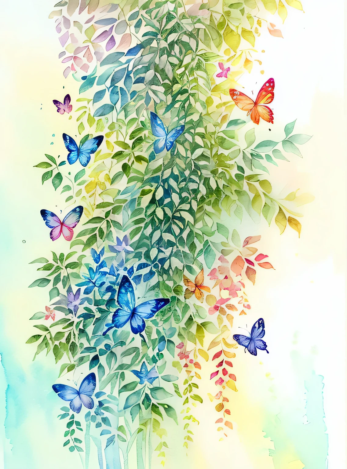 (aquarela,pintura de um,Plants fly around,Harmonia da borboleta,Obra de arte,a beautiful art illustration,beautiful digital illustration,lindo e lindo,linda pintura digital,No estilo dos personagens,No estilo de pintura,borboleta,Arte fresca,exquisite digital illustration,Borboletas e luz solar、pintura em aquarela)