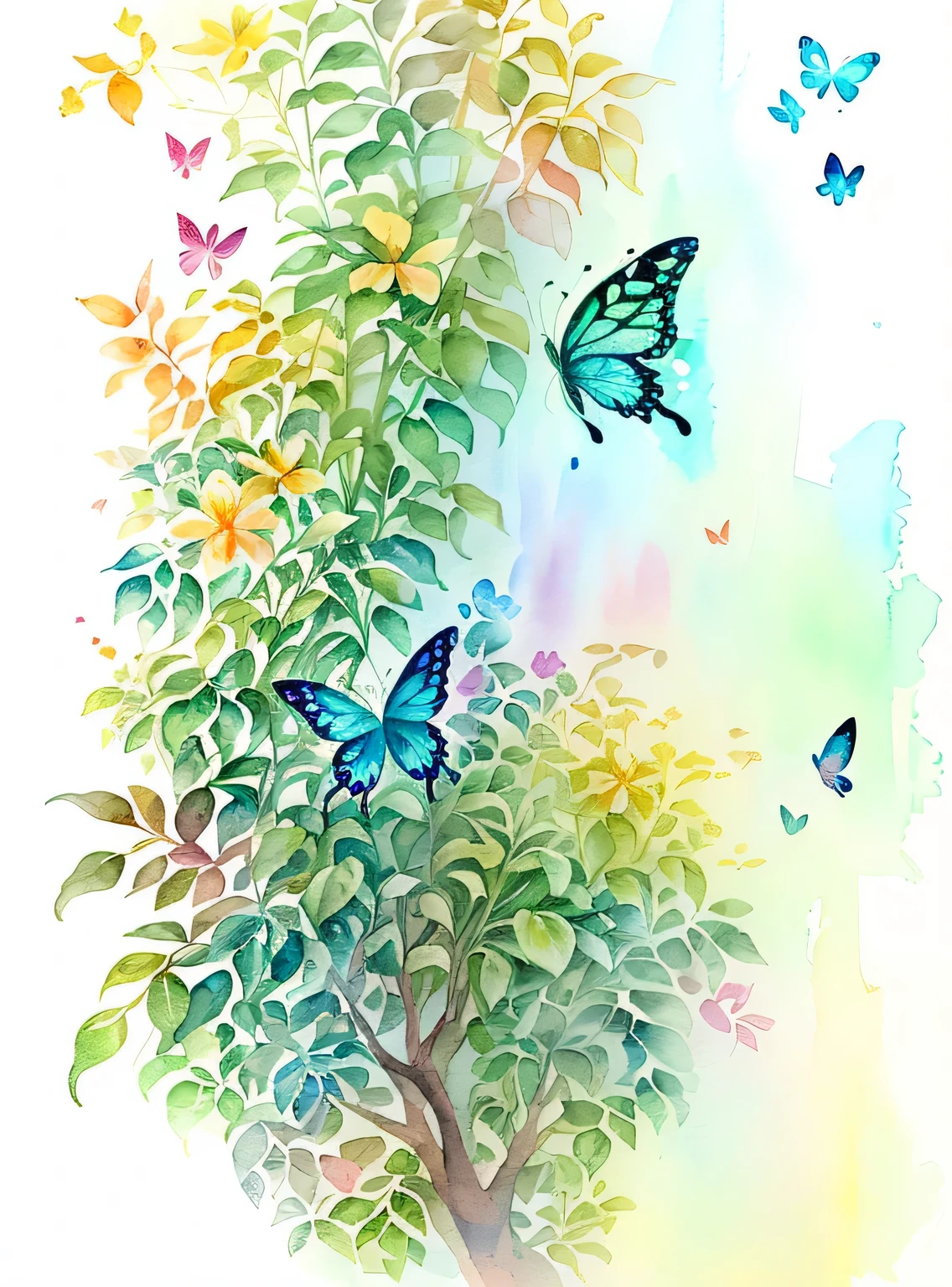 (aquarela,pintura de um,Plants fly around,Harmonia da borboleta,Obra de arte,a beautiful art illustration,beautiful digital illustration,lindo e lindo,linda pintura digital,No estilo dos personagens,No estilo de pintura,borboleta,Arte fresca,exquisite digital illustration,Borboletas e luz solar、pintura em aquarela)