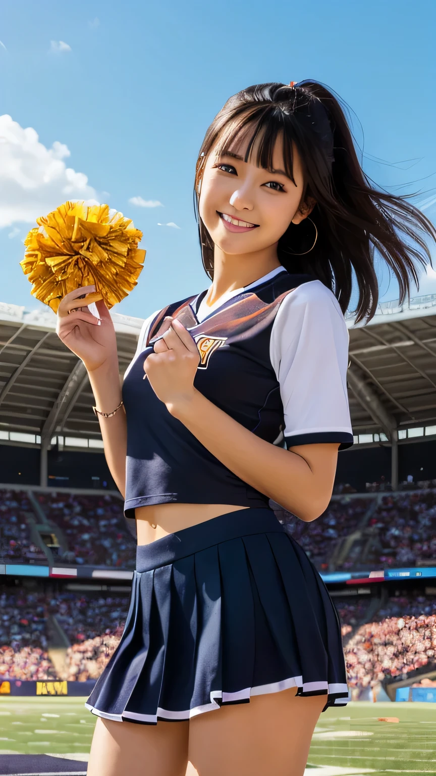 Very cute and beautiful cheerleader girl,(Very detailed beautiful face and eyes:1.2),(holding a pom pom:1.2),(laughingly),
(Stadium stands),cow boy shot,dynamicposes,Absolute opportunity,(orange sleeveless shirt),pretty legs,dynamic angle,brunette color hair,
(Best quality at best,On the table:1.2),Complicated details,A high resolution,1 girl,looking at viewert,
natural lightting,Hair Fluttering in the Wind,beautiful detailed sky,