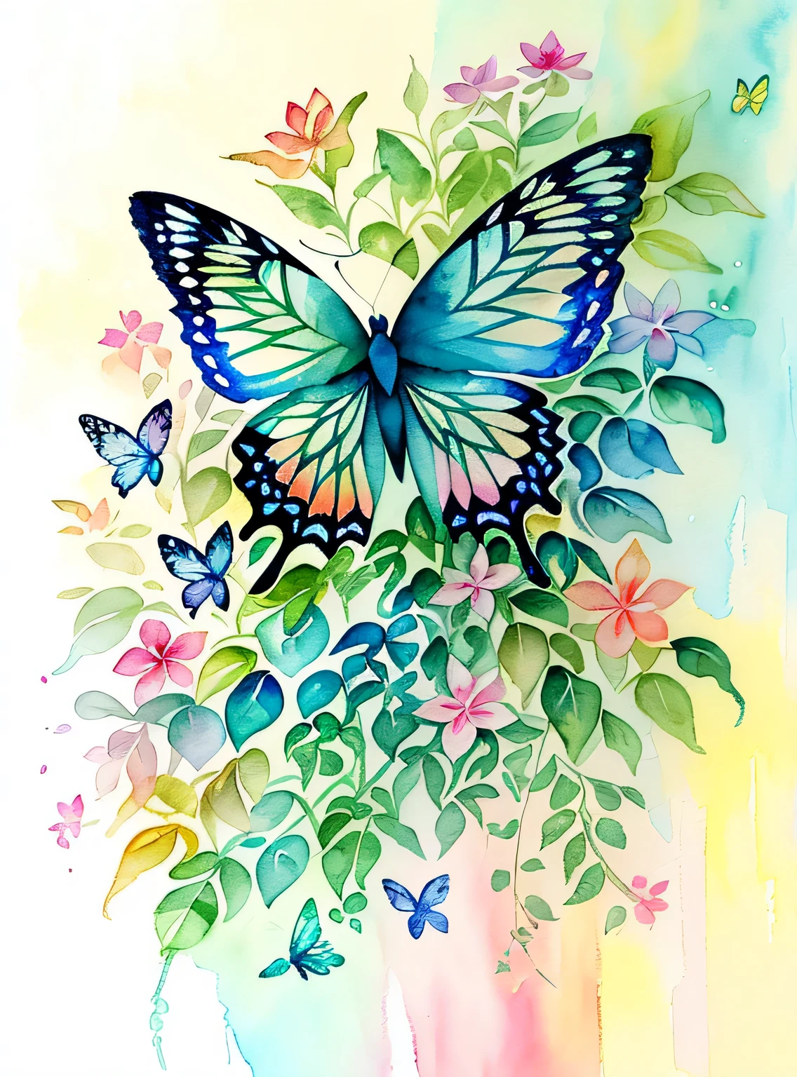 (aquarela，pintura de um，Plants fly around，Harmonia da borboleta，Obra de arte，a beautiful art illustration，beautiful digital illustration，lindo e lindo，linda pintura digital，No estilo dos personagens，No estilo de pintura，borboleta，Arte fresca，exquisite digital illustration，Borboletas e luz solar、pintura em aquarela)