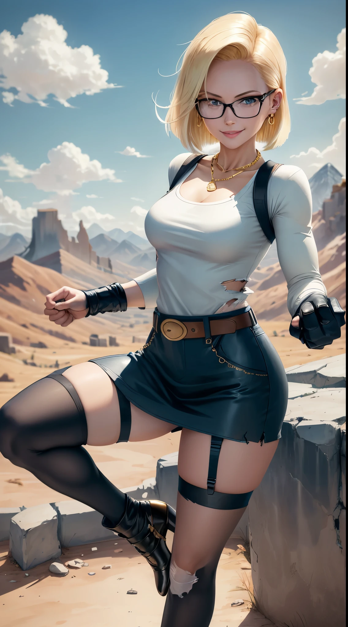 best quality, highres, and18, 1girl, android 18, solo girl, 1girl, blonde hair, blue eyes, belt, high heels, black long bodycon skirt, gold necklace, white blouse, short hair, blue sweater, earrings, reading glasses, medium breasts, cowboy shot, mountains, straight-on, (weather: and windy), cute smile, combat stance, thigh high stockings, garter belt, battle ruins, torn clothes, closed fists, 