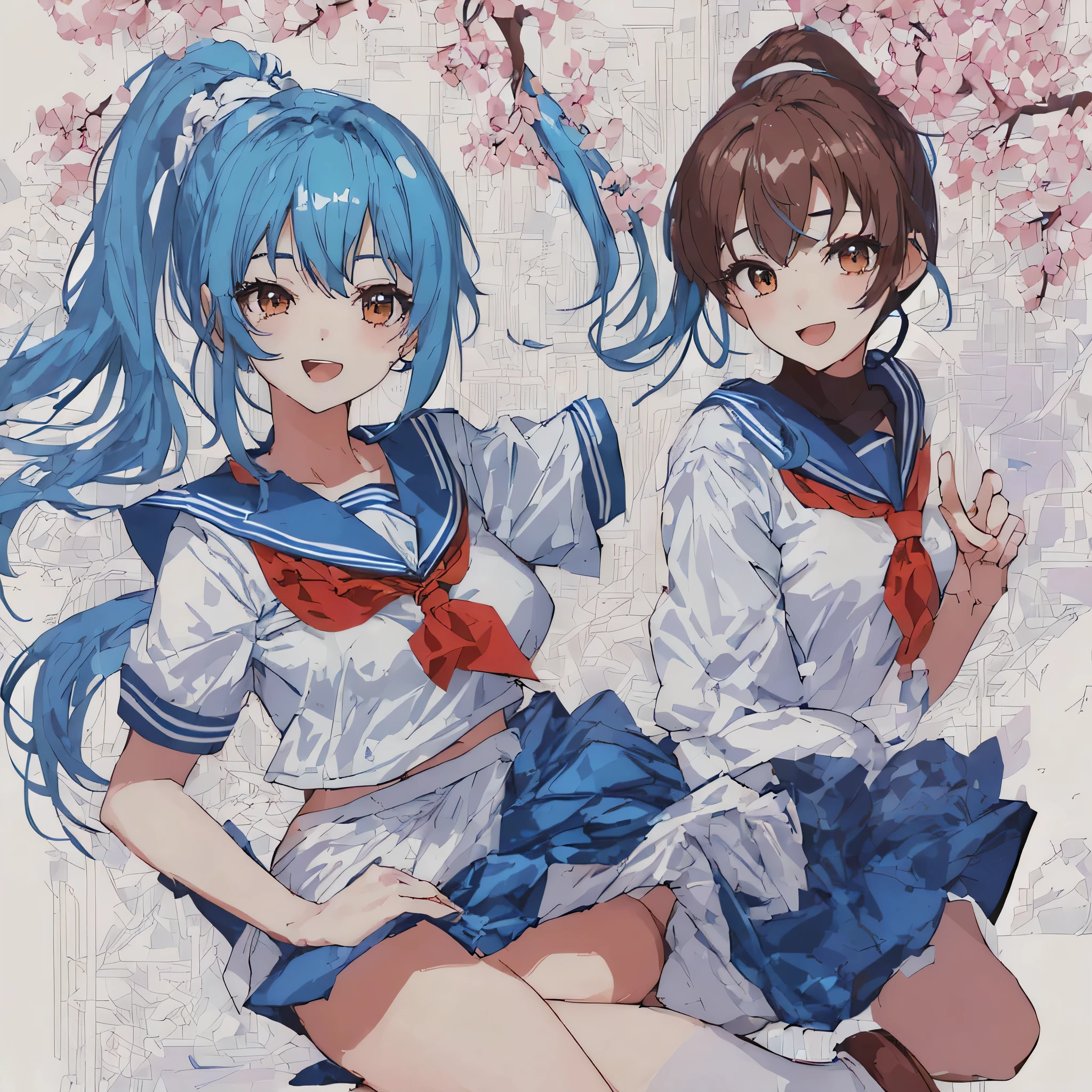white background,masterpiece, highest quality,figure,sailor suit,slanted eyes,straight hair,blue hair,side part,super dense skin,beautiful and fine eyes,short sleeve shirt,brown eyes,(medium breasts:1.1), (A raised and well-defined bust:1.1), (lifted chest:1.2), (perky chest :1.1),high School girl,please sit down,high socks,loafers,smile,School,ponytail,ponytail,open your mouth,wink,peace,