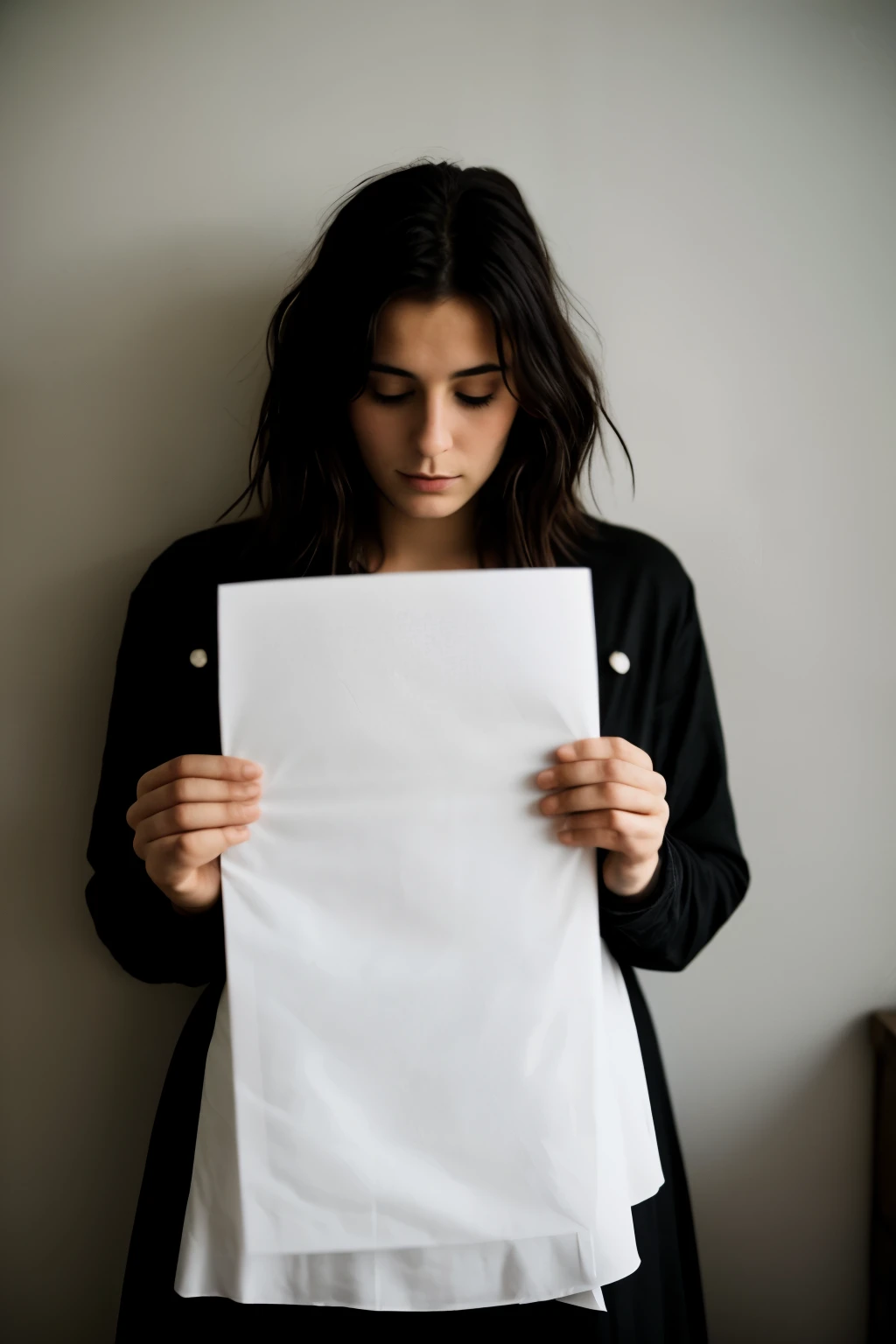 photographie d'une femme de 20 ans,dans le lit, holding a sheet of paper, on the paper the sentence "the crow"