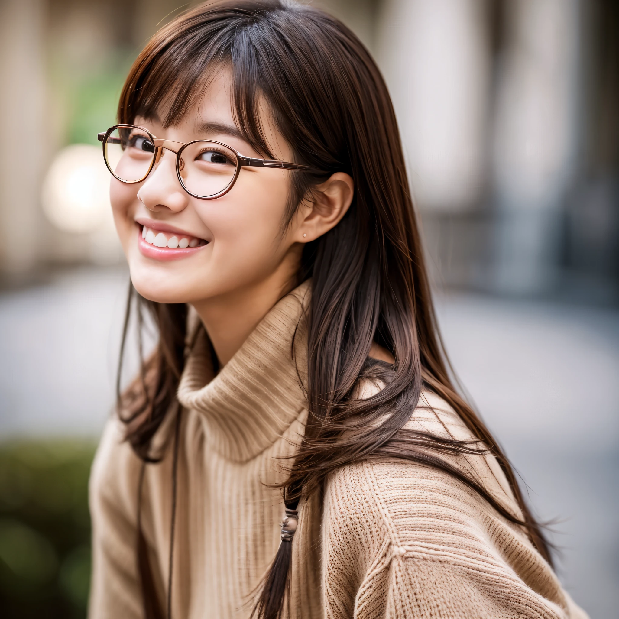 1 woman、18-year-old、masterpiece、highest quality、super detailed、born、Japanese、like a korean idol、brown hair、(small face:1.4)、eyeliner、eye shadow、laughter、(Curvaceous:1.4)、glasses、sweater、dynamic pose、Slow motion、blur the background