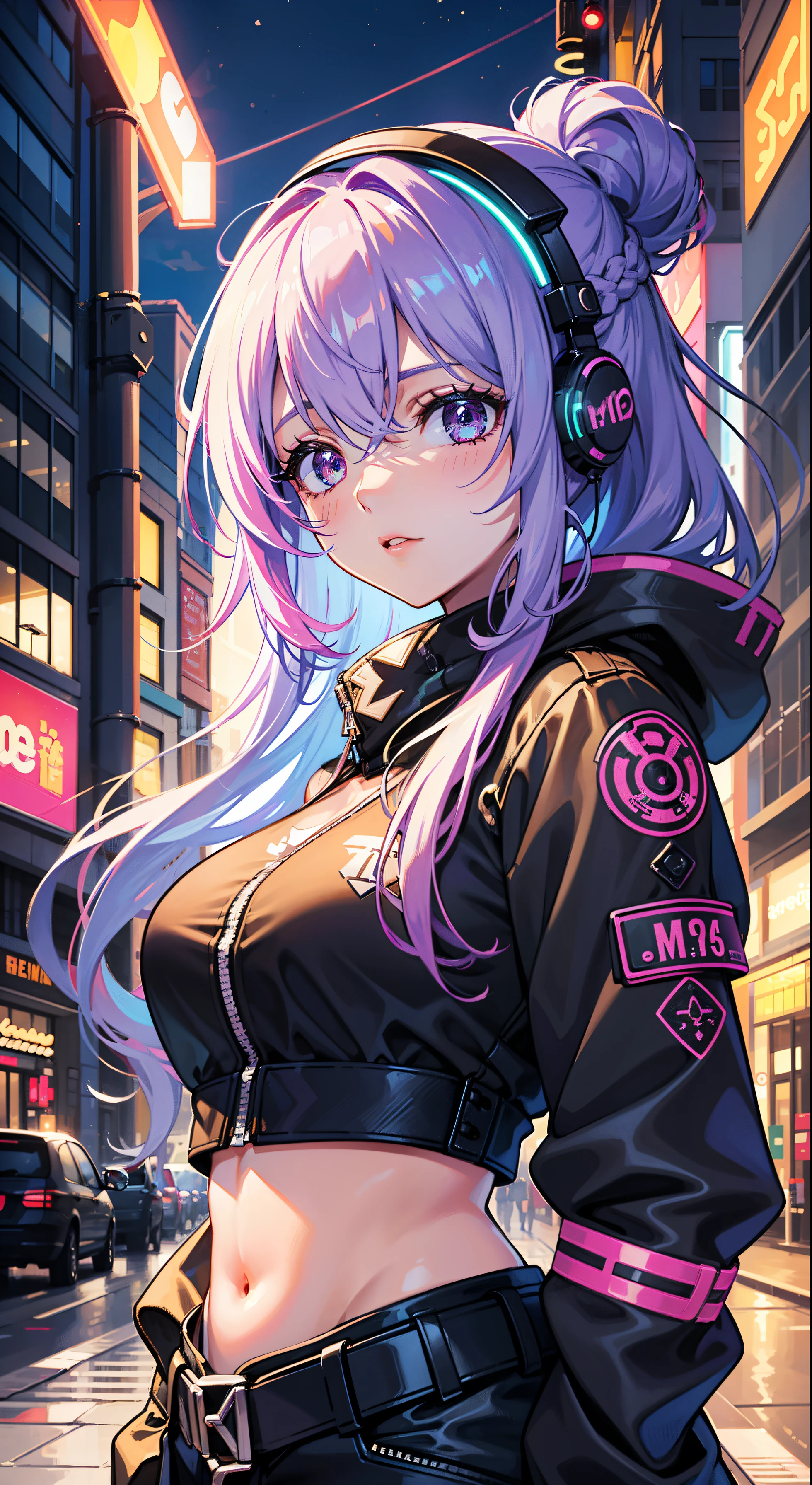 highest quality,16K quality,1girl,Creative hair,rainbow hair,the city street,Charming and beautiful eyes,Neon cold light,cyber punk perssonage,Blushlush,constricted waist,Detail Facial details,Dynamic pose,Edge lights,