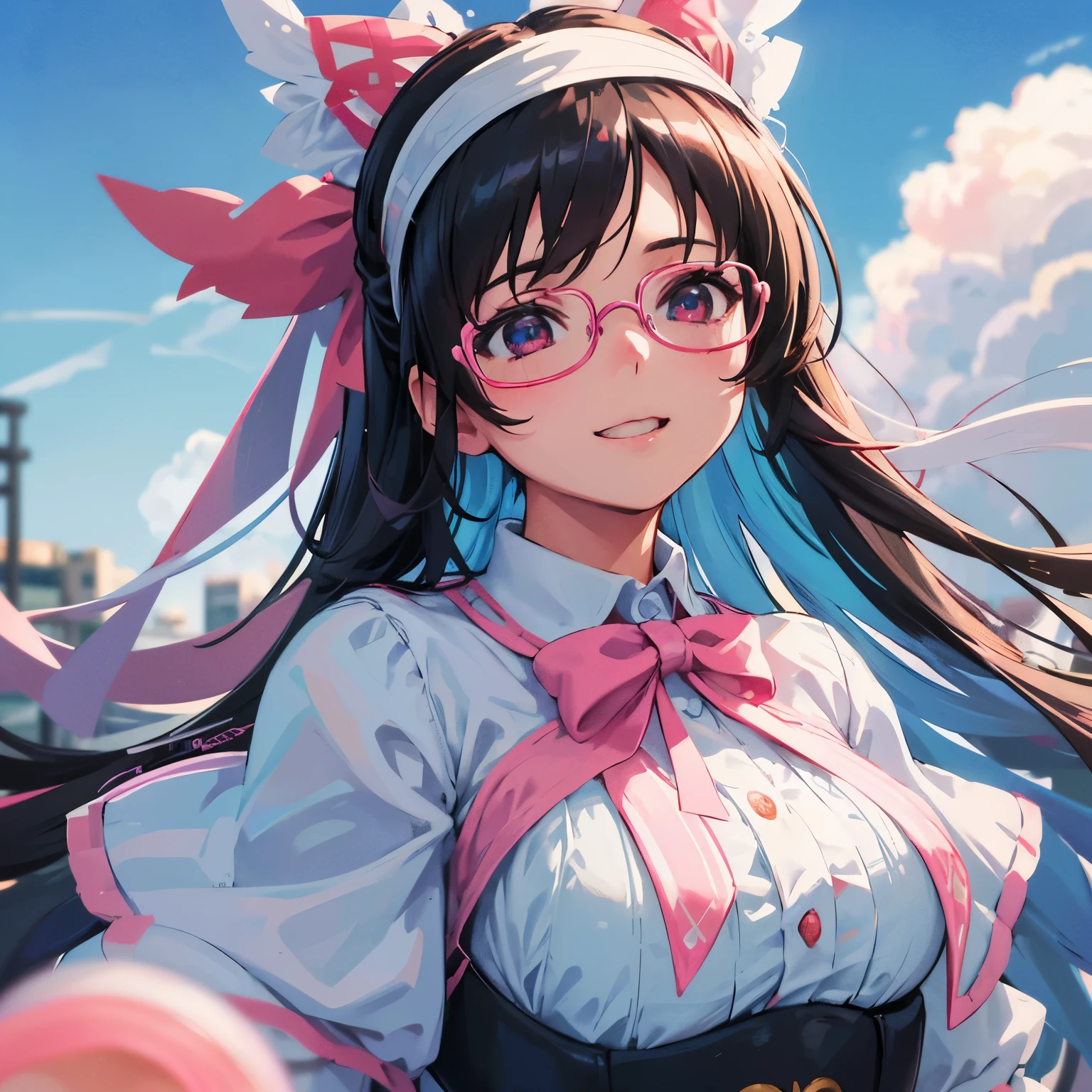 girl, blue sky and white clouds, Wearing silver glasses, Happy, Happy, Reddish cheeks, black hair, Wearing a pink bow headband, perfect quality, clear focus (Clutter - Home: 0.8), (masterpiece: 1.2) (realistic: 1.2) (Bokeh) (highest quality) (fine skin: 1.3) (intricate details) (8K) (eye for detail) (sharp focus), (Happy)
