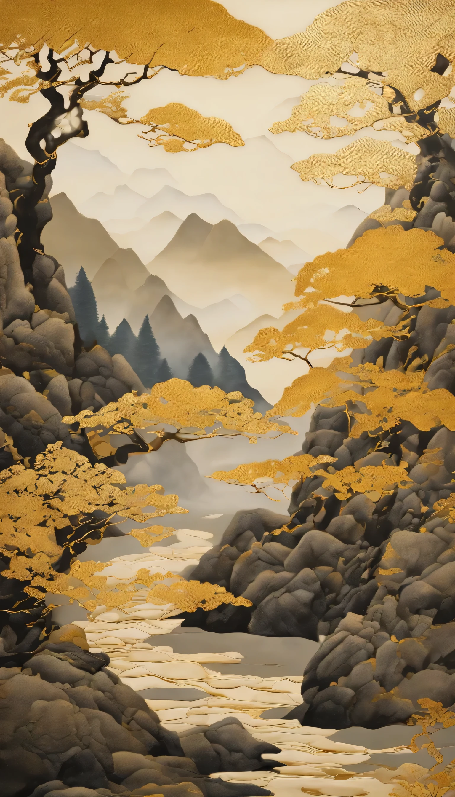 Create Me Botanical Mountain Forest Abstract Art Kintsugi (Kintsugi, The “golden joinery” is the'Japanese art of repairing broken pottery with clay'or.)