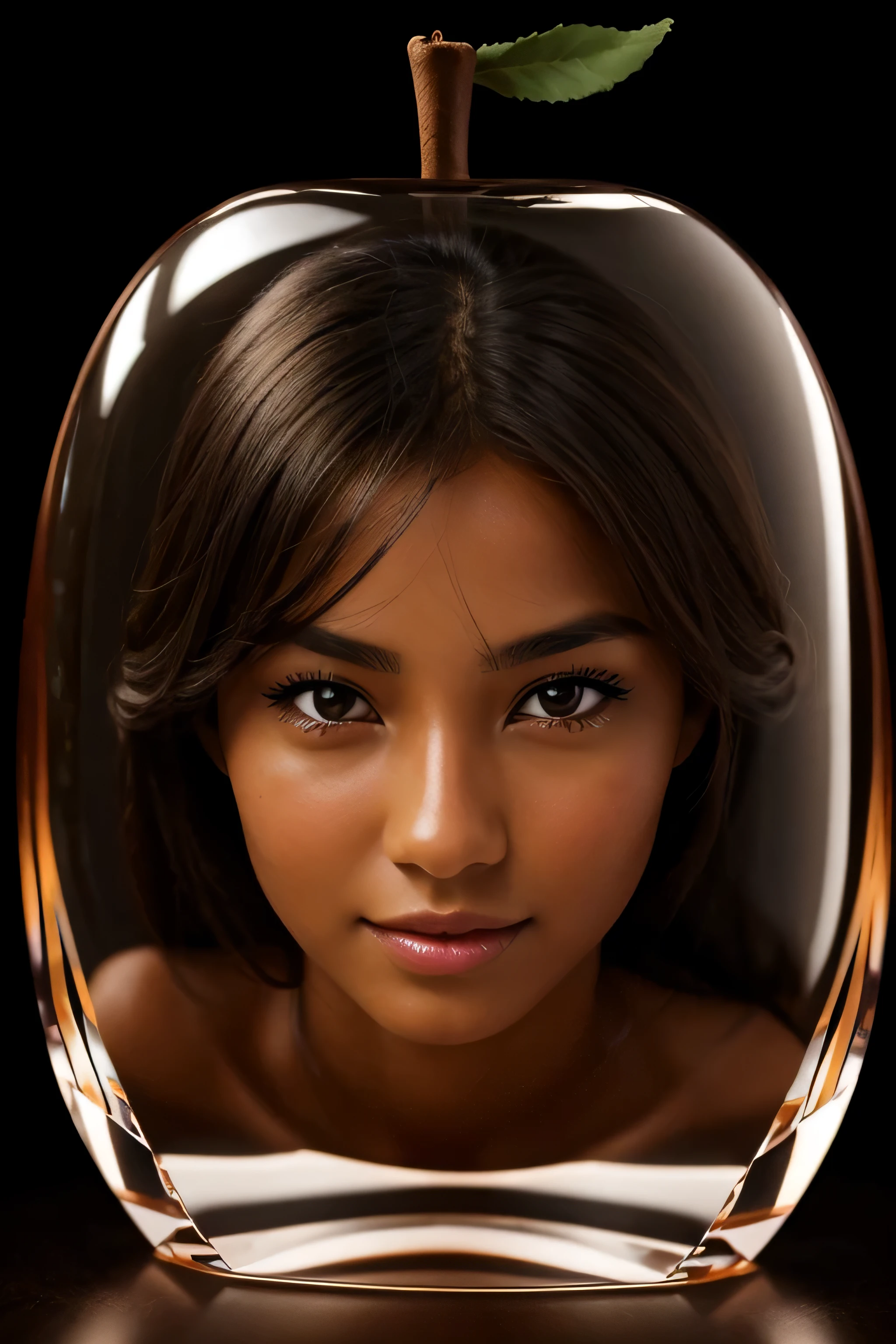 high quality, 8K Ultra HD, dark-tanned, Highly detailed beautiful woman, 20 year old inside an apple made of transparent crystal, by yukisakura, high detailed,