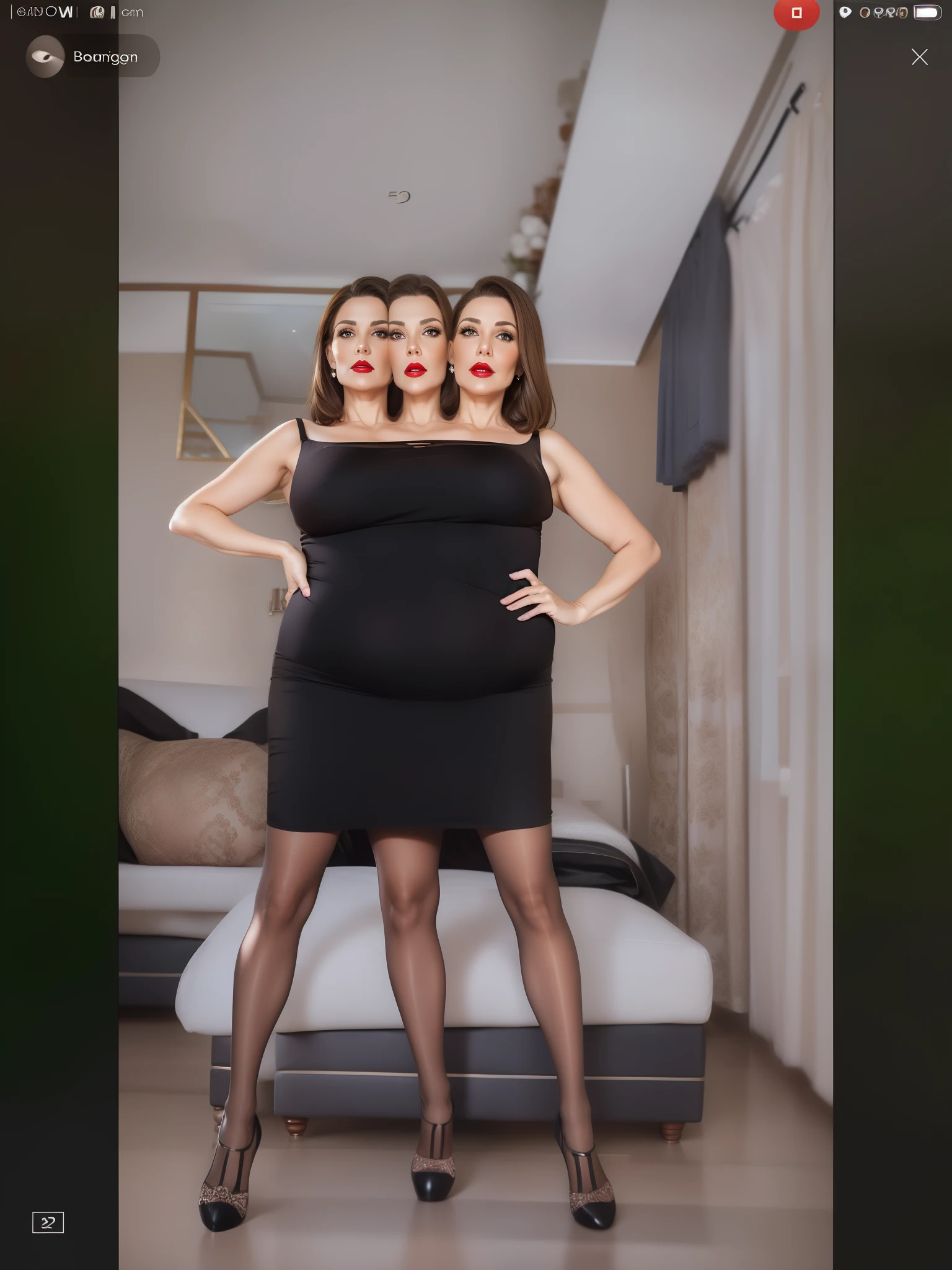 2 heads,Portrait of a 60 year old woman with brown hair, captivating gaze, brown eyes, wrinkles on her face, black pantyhose,She wears very sexy lingerie that reveals big saggy breasts, light makeup and red lips. 32K