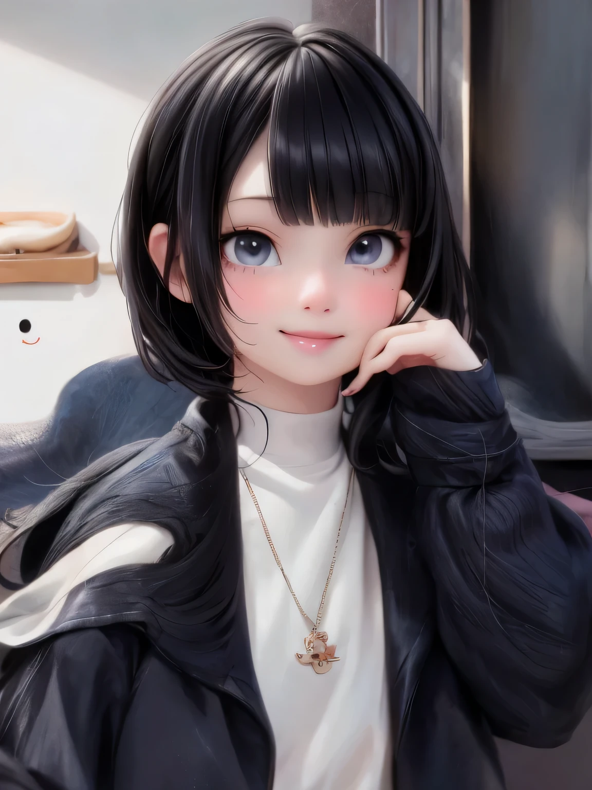 masterpiece, best quality, a cute girl smiling with black hair and a white shirt is posing for a picture, black hime cut hair, she has black hair with bangs, white hime cut hairstyle, ulzzang, sui ishida with black hair, the hime cut, with short hair, black hair and white bangs, anime girl in real life, girl cute-fine-face, pale porcelain white skin, ultrarealistic, cute digital painting, cute digital art, realistic cute girl painting, cute detailed digital art, cute cartoon characters, beautiful character painting, cute characters, cute anime girl, cute cartoon, kawaii realistic portrait, digital cartoon painting art, cartoon cute, cute portrait, render a cute 3D anime girl, kawaii realistic portrait, anime moe art style, drawn in an anime artist studio