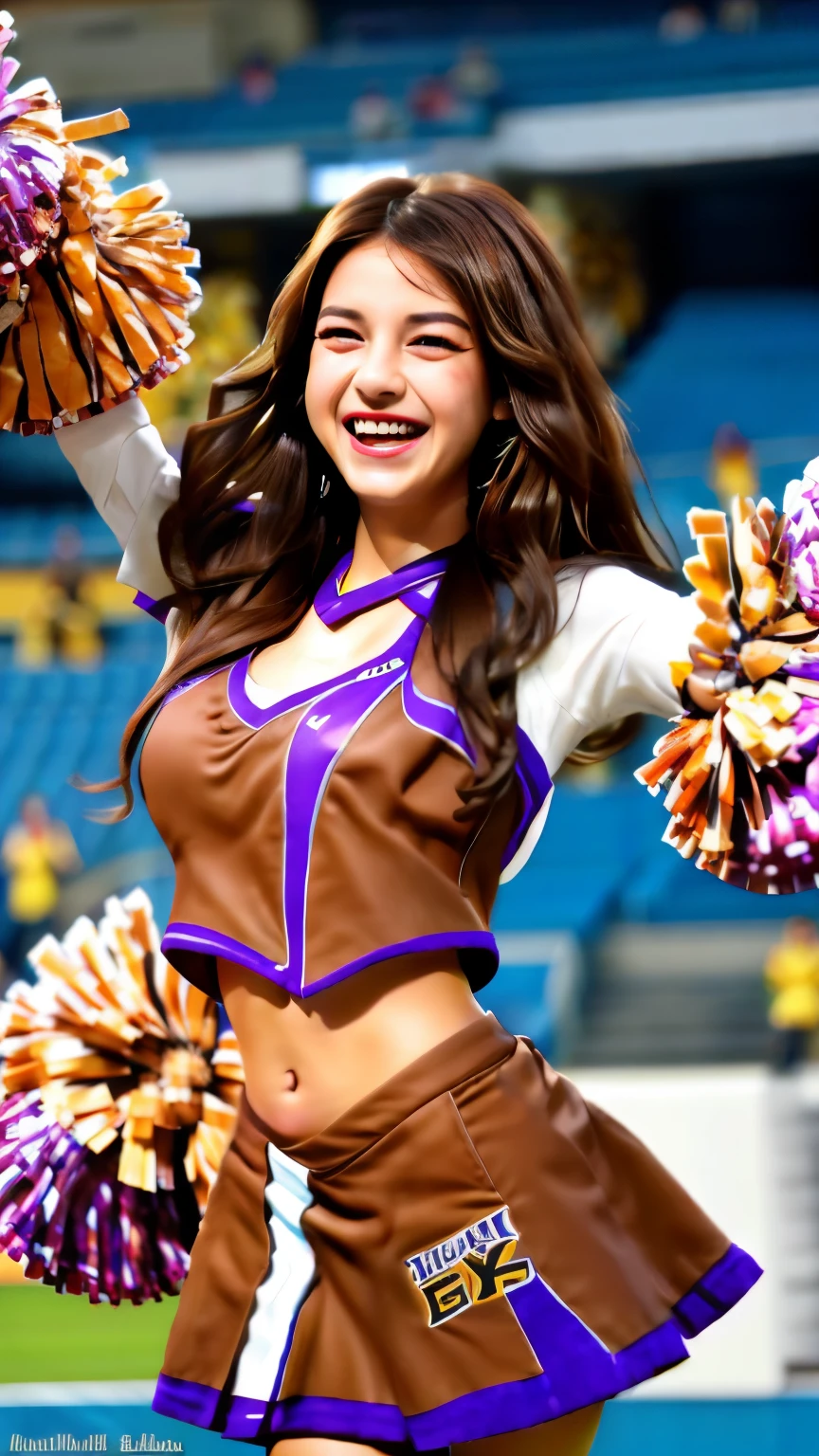 8K RAW photo、Beautiful woman:2.0、20-year-old、Japanese、big breasts、((cheerleader:1.5))、mini skirt、beautiful eyes、drawn in detail、eyelash、((brown eyes:1.2))、beautiful double eyelids、eye shadow、perfect eye makeup、((laughter:1.6))、美しくてthin legs、(chestnut hair)、medium hair、fluffy hair、stadium、daytime、latina、Photoreal:1.9、sexy navel、thin legs、thin eyebrows、tear bag、high nose、((very sexy))