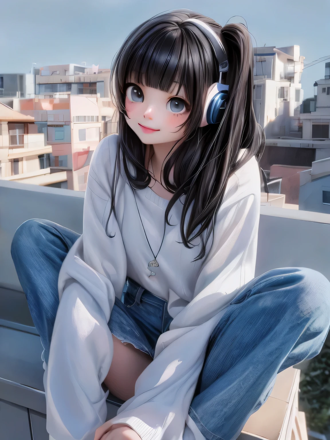 masterpiece, best quality, a cute girl smiling with headphones sitting on a ledge in a city, ulzzang, white hime cut hairstyle, she has black hair with bangs, chiho, sui ishida with black hair, anime girl in real life, lalisa manobal, black hime cut hair, shikamimi, long white hair and bangs, long hair with full bangs, pale porcelain white skin, ultrarealistic, cute digital painting, cute digital art, realistic cute girl painting, cute detailed digital art, cute cartoon characters, beautiful character painting, cute characters, cute anime girl, cute cartoon, kawaii realistic portrait, digital cartoon painting art, cartoon cute, cute portrait, render a cute 3D anime girl, kawaii realistic portrait, anime moe art style, drawn in an anime artist studio
