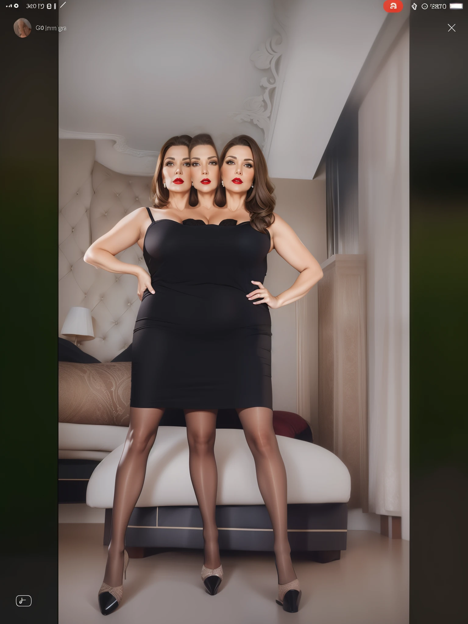 2 heads,Portrait of a 60 year old woman with brown hair, captivating gaze, brown eyes, wrinkles on her face, black pantyhose,She wears very sexy lingerie that reveals big saggy breasts, light makeup and red lips. 32K