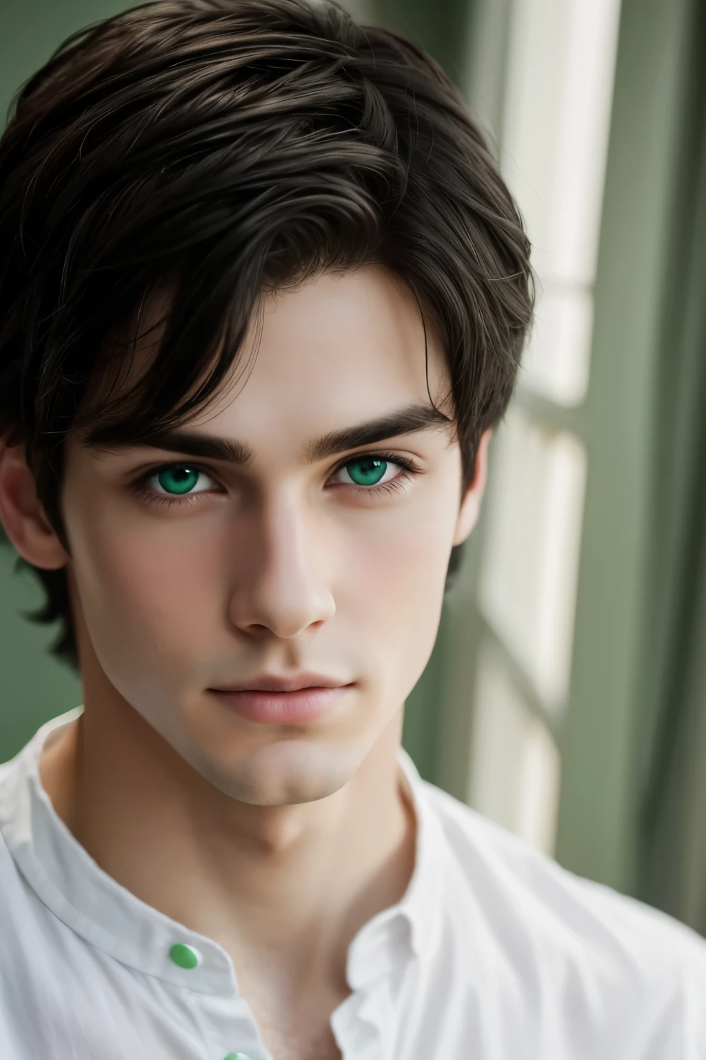 Detailed realistic photo of a handsome boy with black hair, pale skin, green eyes