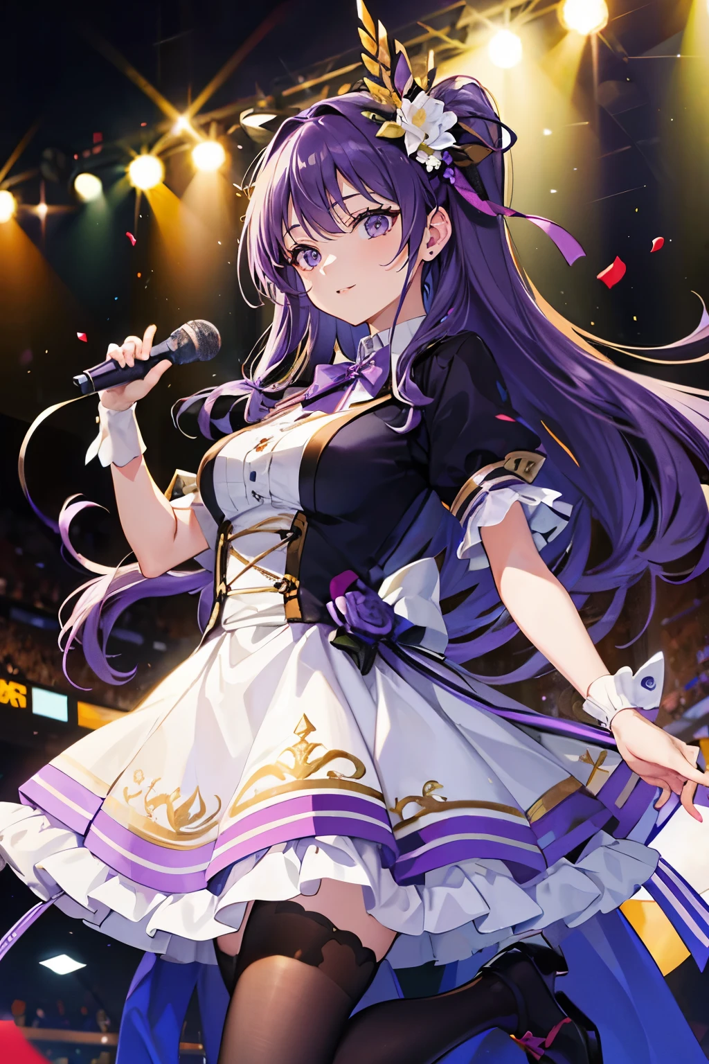 (muste piece), (best quality), very detailed, ((1 girl)), solo focus，Low - Angle，dynamic，jump，((A big smile))，wink，perfect face, beautiful face, very detailedな顔，(Purple hair long hair_purple eyes:1.3)，idol costume，solo idol，Ribbon hair ornament，concert dome，live，have a microphone，singing，Smiling with mouth wide open，Laser Light，Spotlight，Large amount of confetti
