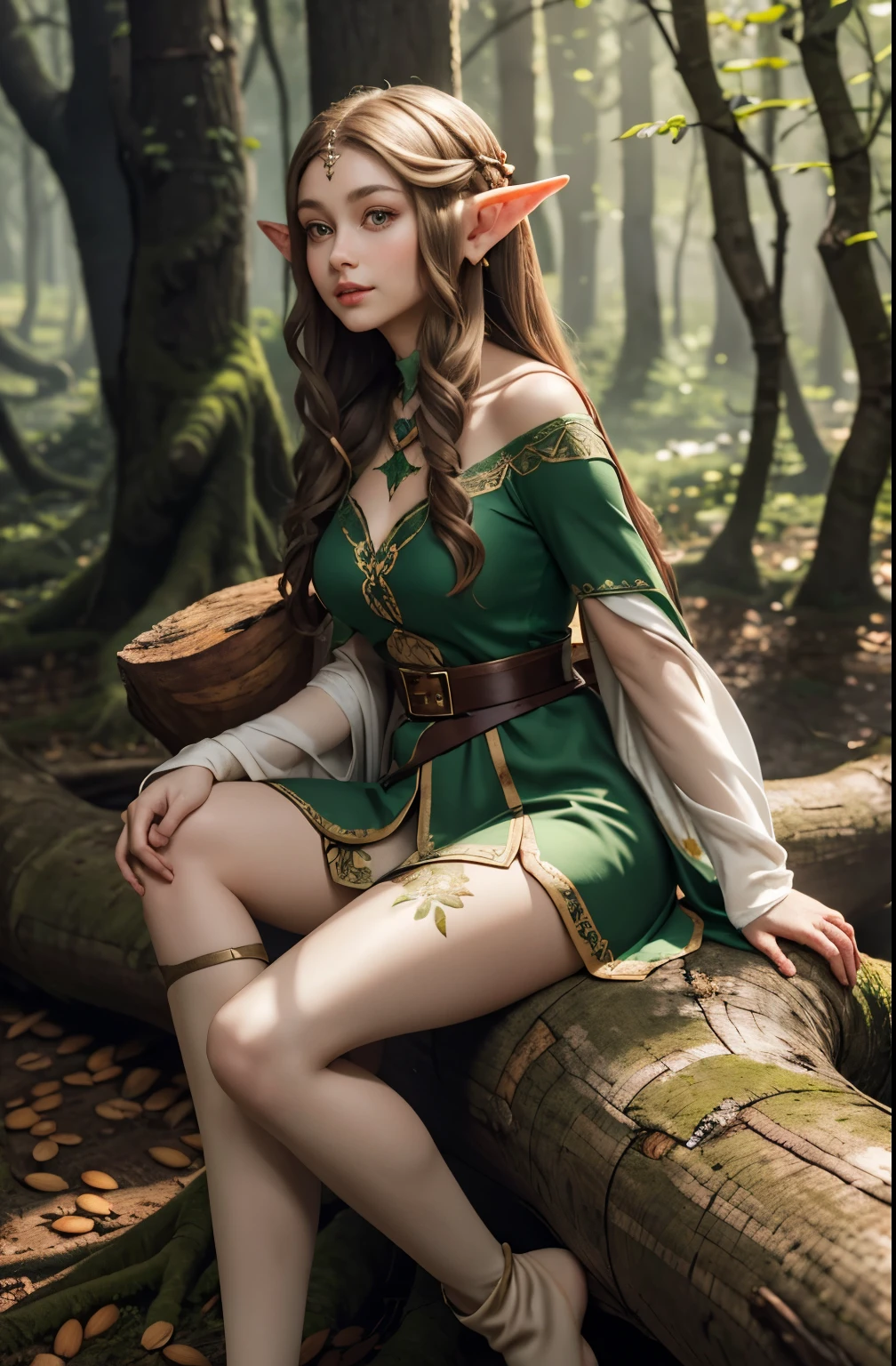 A beautiful female elf, long silky light brown hair, elf ears, almond-shaped eyes, thin lips, round face, huge breasts, sitting on a fallen tree trunk, wearing the clothes of an elf from the elven aristocracy, very beautiful, pure look