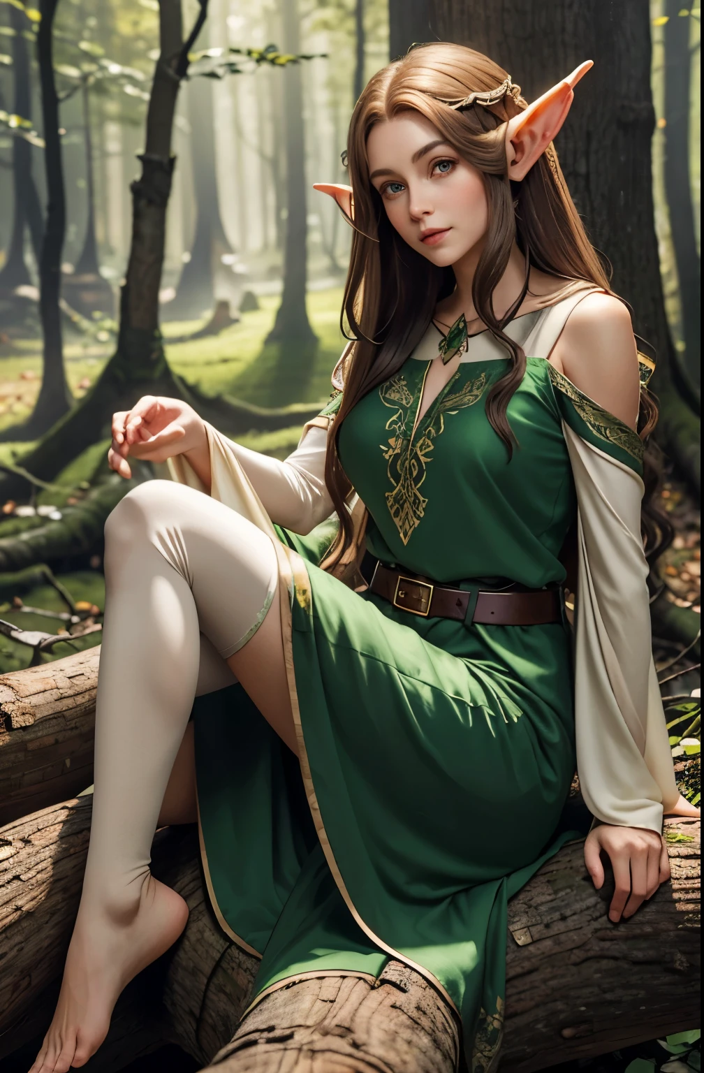 A beautiful female elf, long silky light brown hair, elf ears, almond-shaped eyes, thin lips, round face, huge breasts, sitting on a fallen tree trunk, wearing the clothes of an elf from the elven aristocracy, very beautiful, pure look