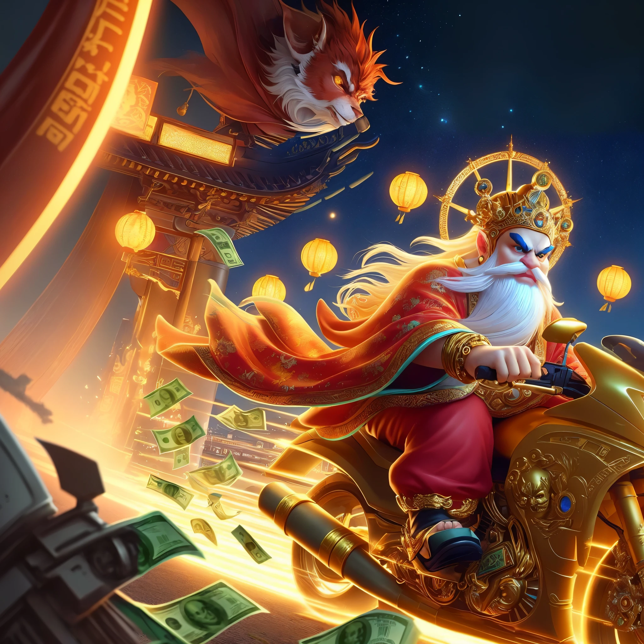 riding a motorcycle alone,Close-up of money flying around, god of wealth, sun wukong, author:Yang Jie, Popular topics on cgstation, Rostland 8K, Hog Rider, by Ni Yuanlu, Onmyoji Detailed Art, background artwork, Inspired by Hu Zaobin, by Ryan Ye, Guan Yu, wukong