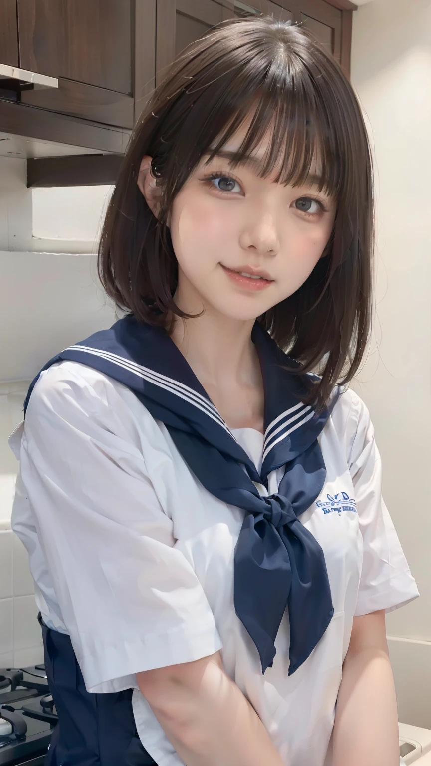 sailor suit, one woman, (a beauty woman, delicate :1.3), black hair, semi straight hair, Bangs Patsun, 8K, highest quality, masterpiece, Super detailed, ultra high resolution, realistic, RAW photo, absolute resolution, small face compared to body (4:1), very small face (4:1), The face is balanced, black hair, (Triangular hood on the head), realistic女子高生, apron, small breasts, tall, slanted eyes, light blue eyes, (kitchen), open your mouth, summer, Smile while looking back, 