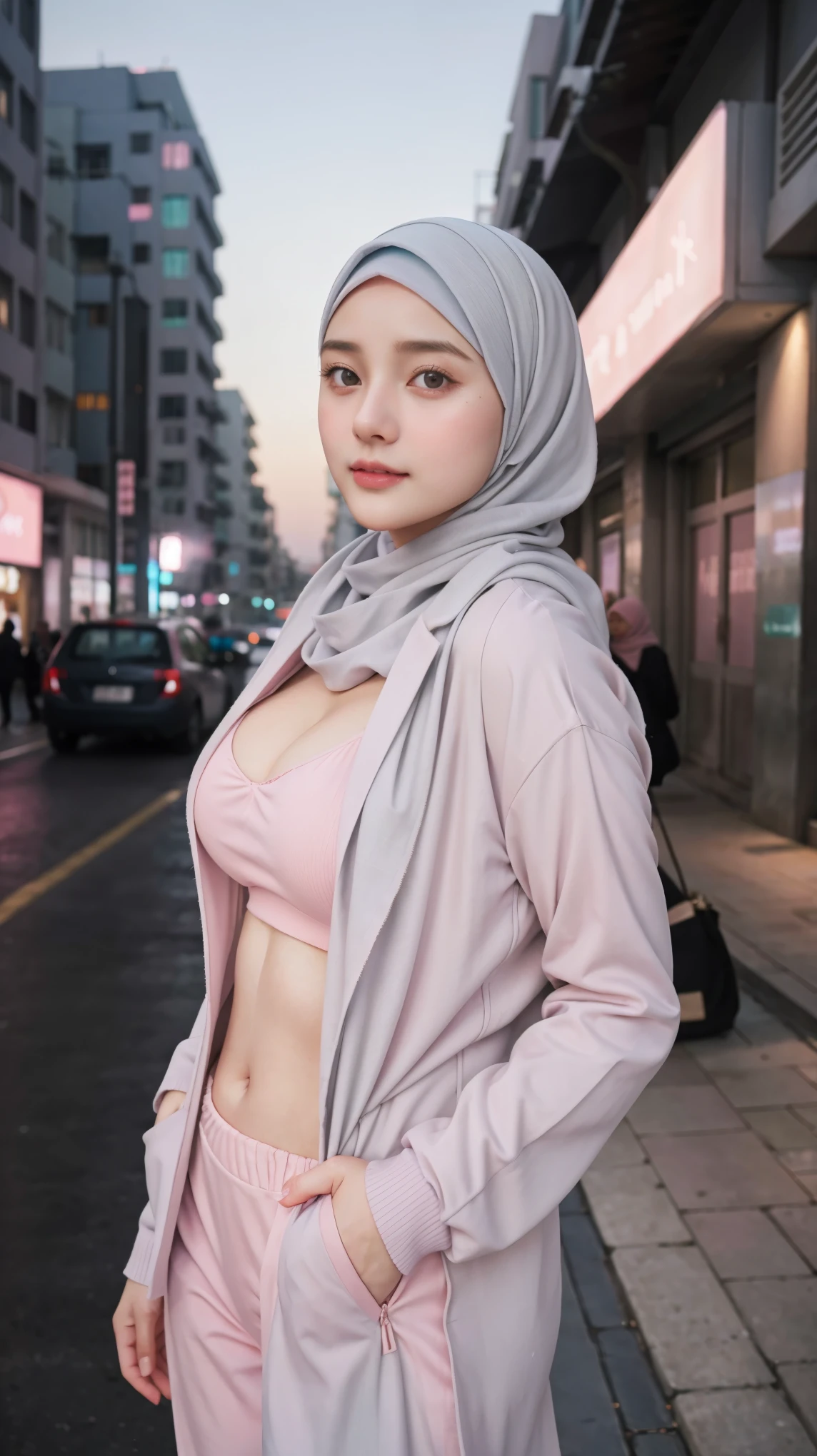 1 Girl, Beautiful, *********, 20 Years Old, White Skin, Colossal Breasts, Sexy Pose, Pastel Colour Muslim Hujab Outfit Coatumes, ((Pastel Colout Hijab Outfit)), ((Grey Eye)), Muscles, Bokeh, Chinese Street Background, Masterpiece, ((Night)), Pink Pastel Colour