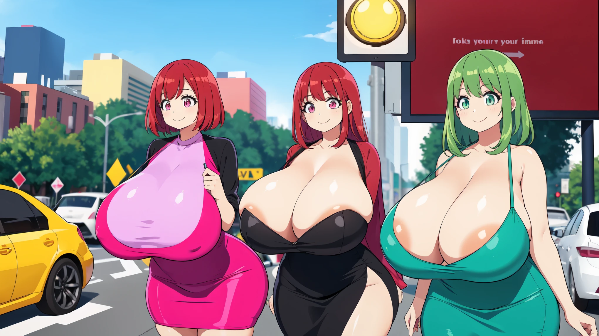 smile, Pencil_Dress, pink eyes, green hair, wide hips, gigantic breasts, cityscape, gigantic breasts, breasts out of dress, no bra, Pervertedly, shy, short green hair, stoplight, traffic, short height, random women, group, lots of women, red hair long, groups of women